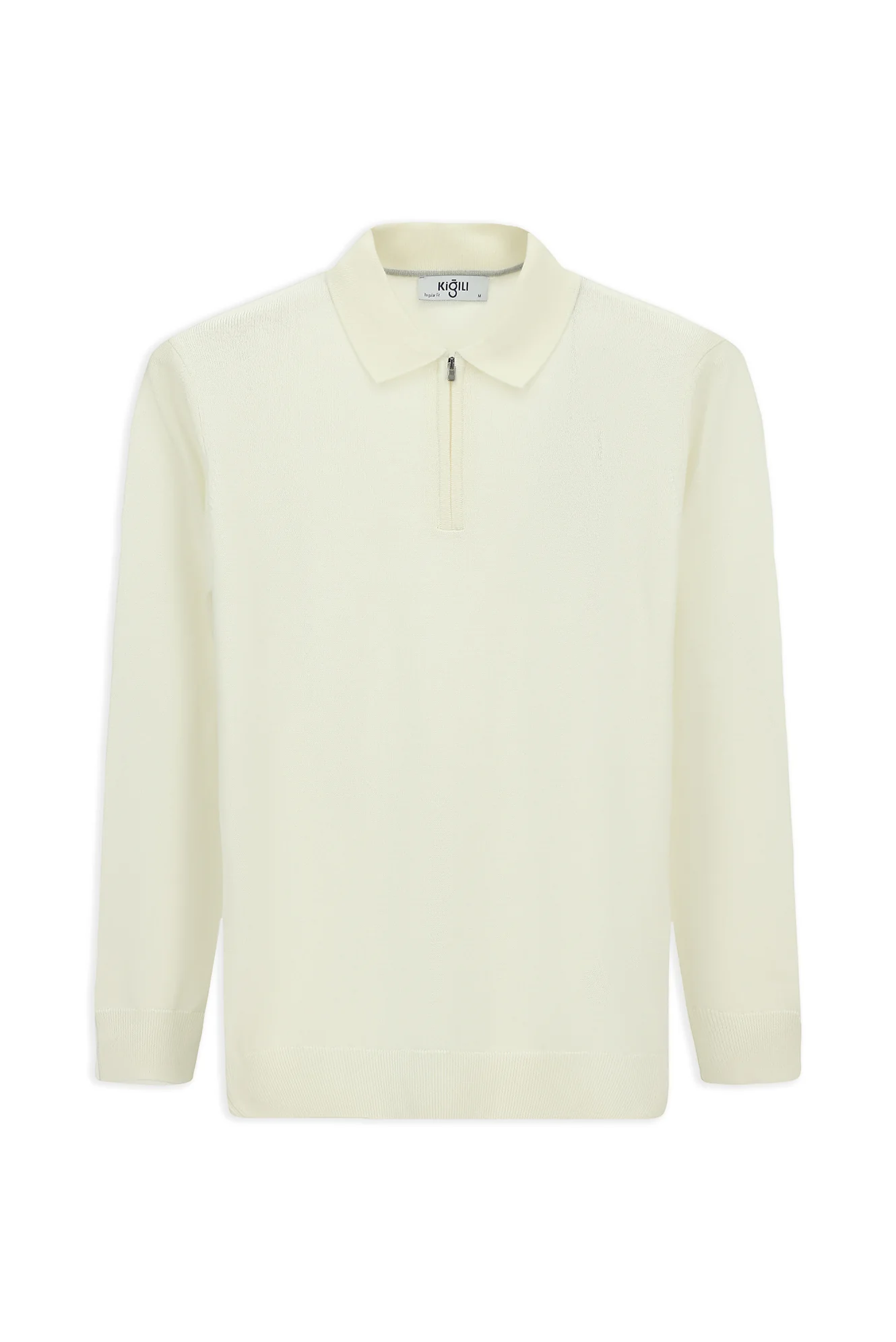 Ekru Polo Yaka Regular Fit Fermuarlı Pamuklu Örme Triko Kazak - Image 7