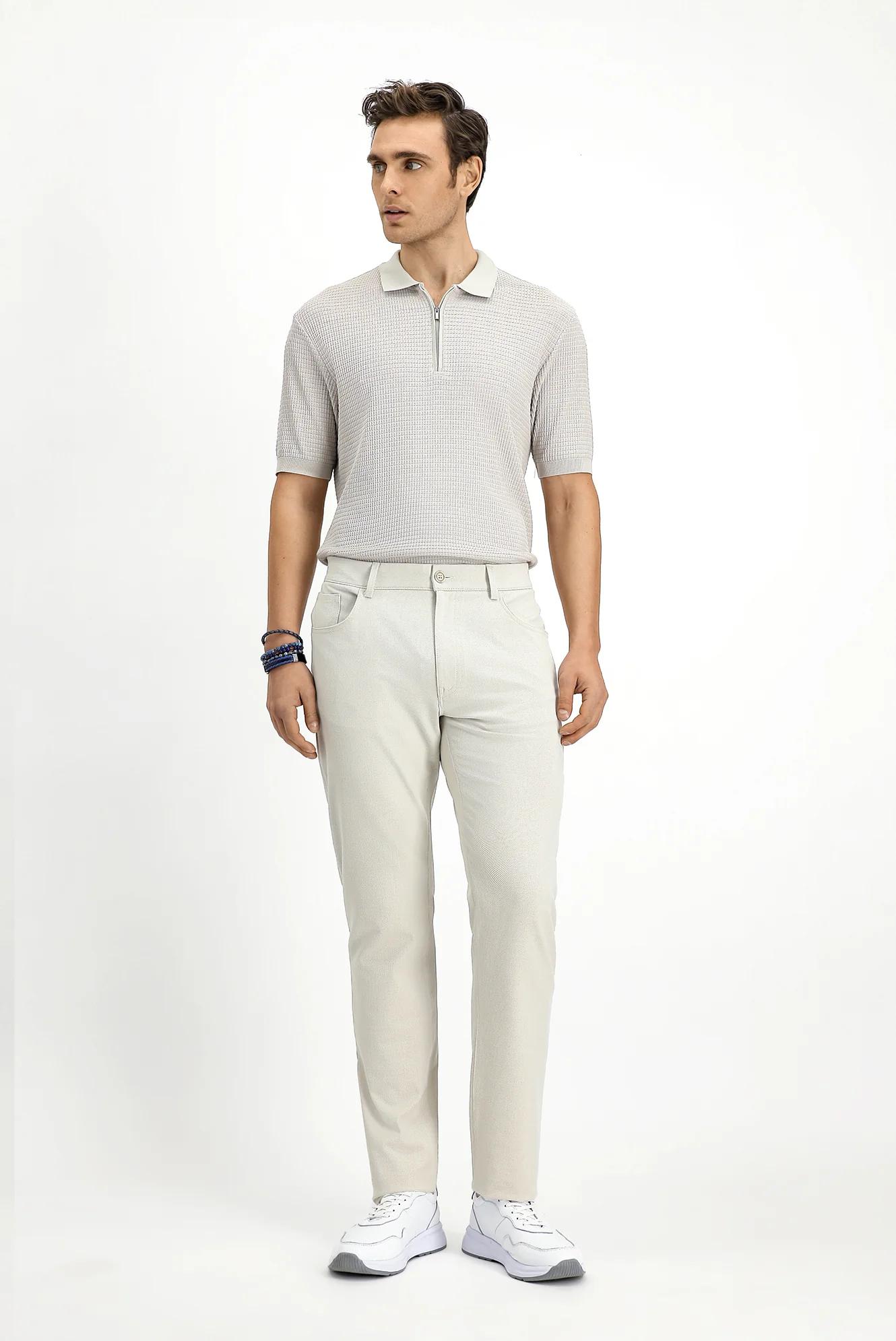 Ekru Slim Fit Dar Kesim Armürlü Klasik Pantolon