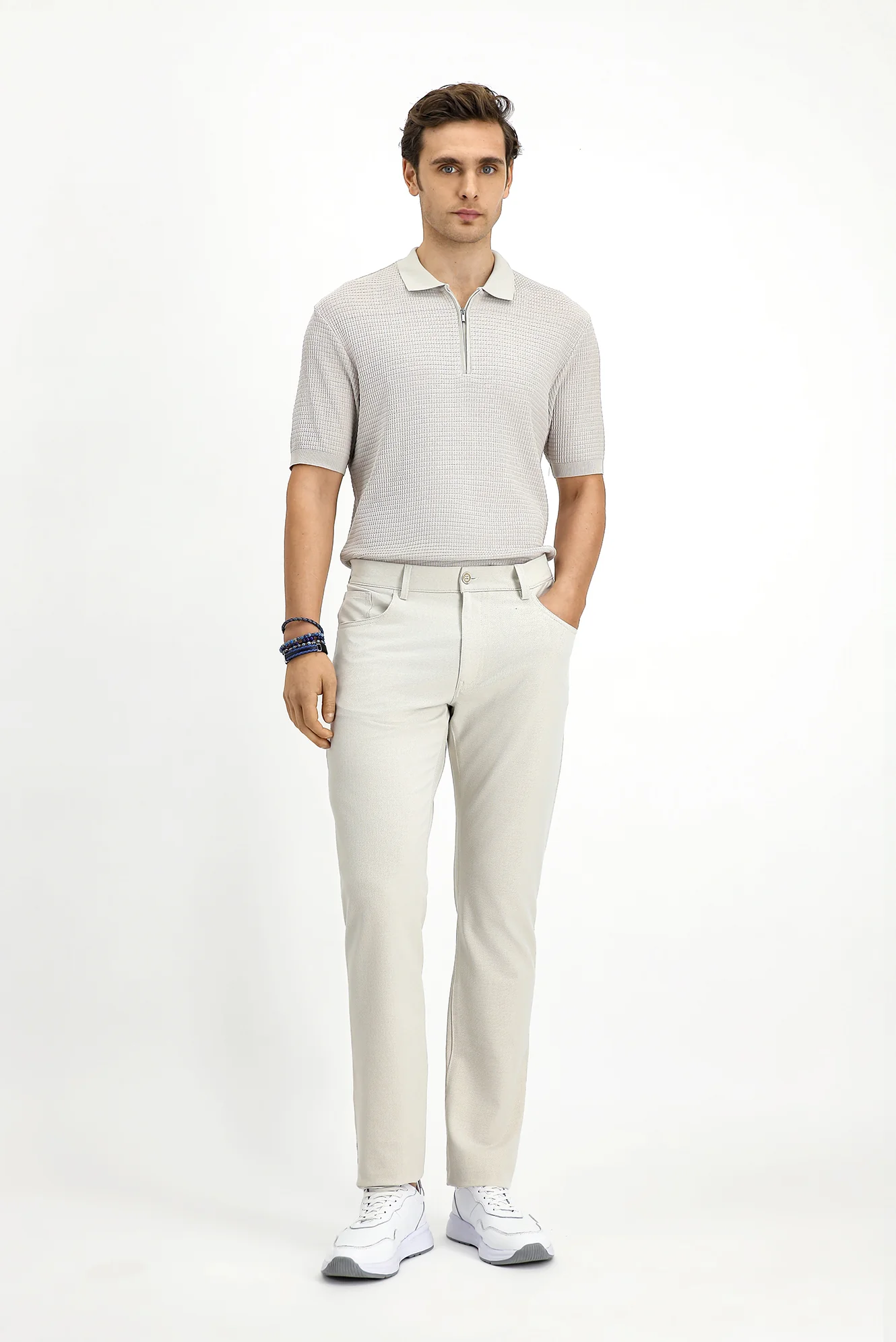 Ekru Slim Fit Dar Kesim Armürlü Klasik Pantolon - Image 2