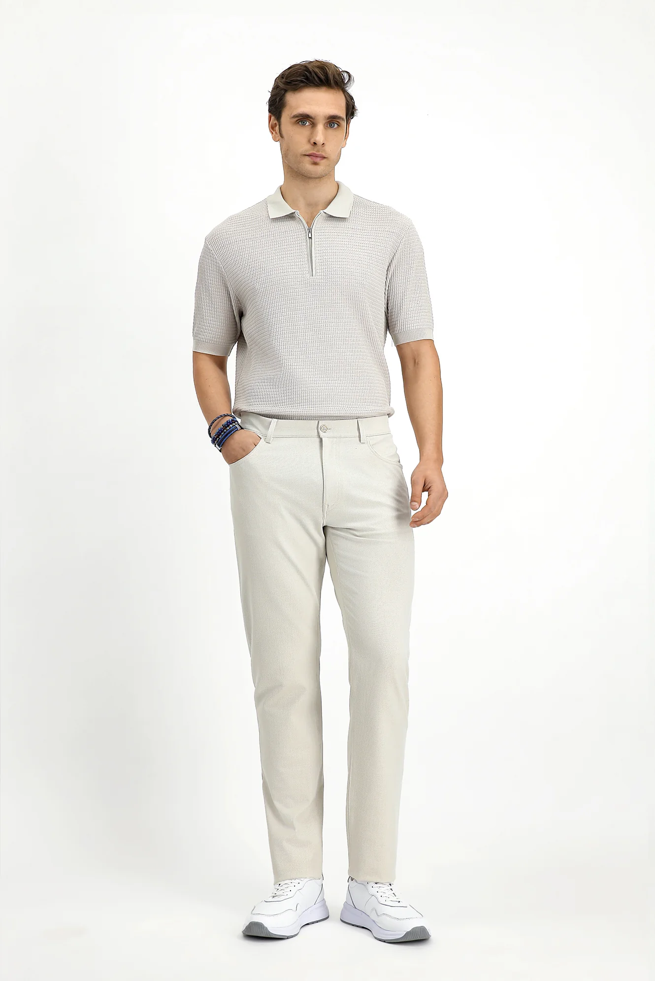 Ekru Slim Fit Dar Kesim Armürlü Klasik Pantolon - Image 3