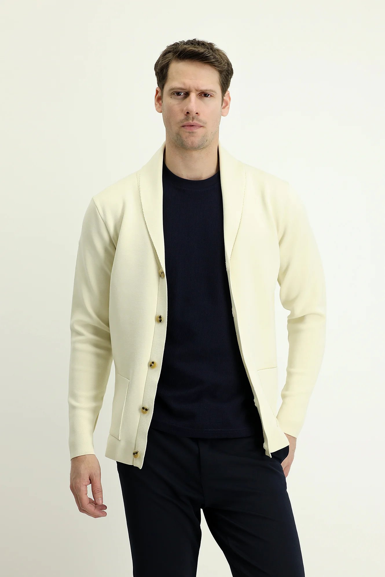 Ekru Slim Fit Dar Kesim Triko Hırka