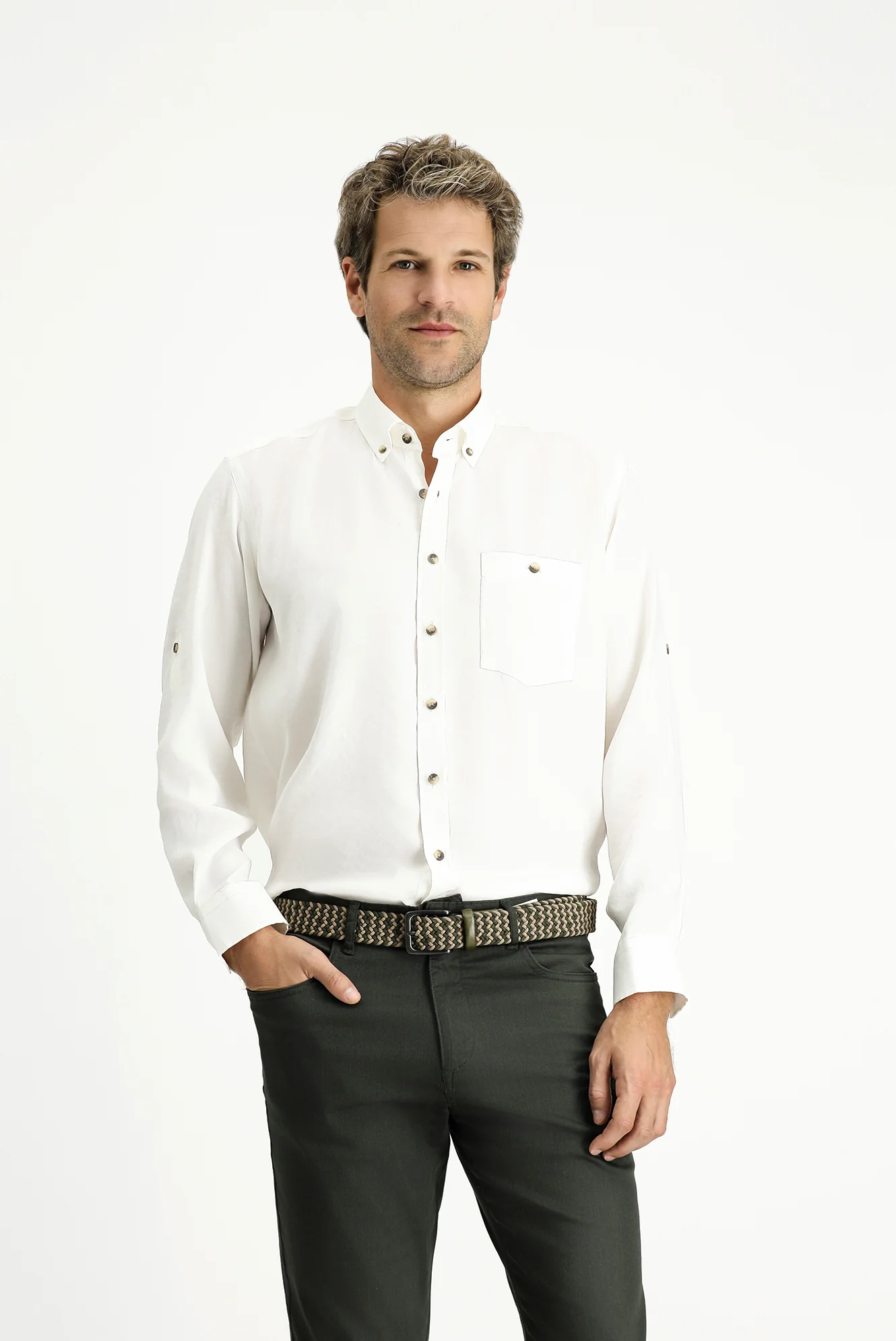 Ekru Uzun Kol Regular Fit Düğmeli Yaka Spor Gömlek - Image 3