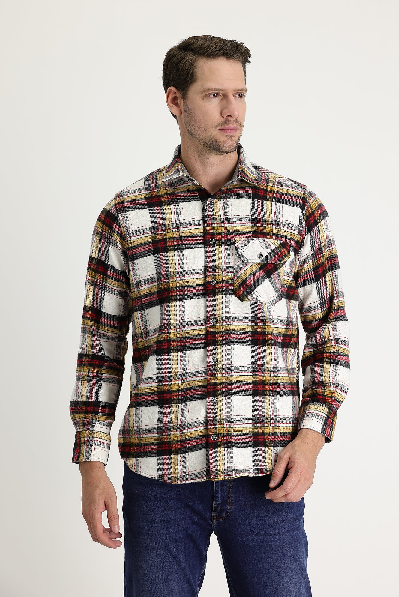 Ekru Uzun Kol Regular Fit Ekose Shacket Oduncu Pamuklu Gömlek - Image 2