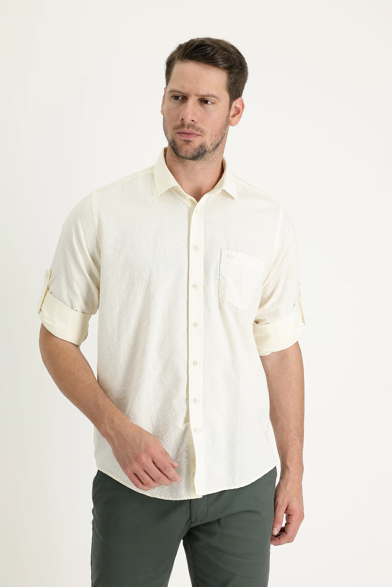 Ekru Uzun Kol Relaxed Fit Rahat Kesim Desenli Gömlek