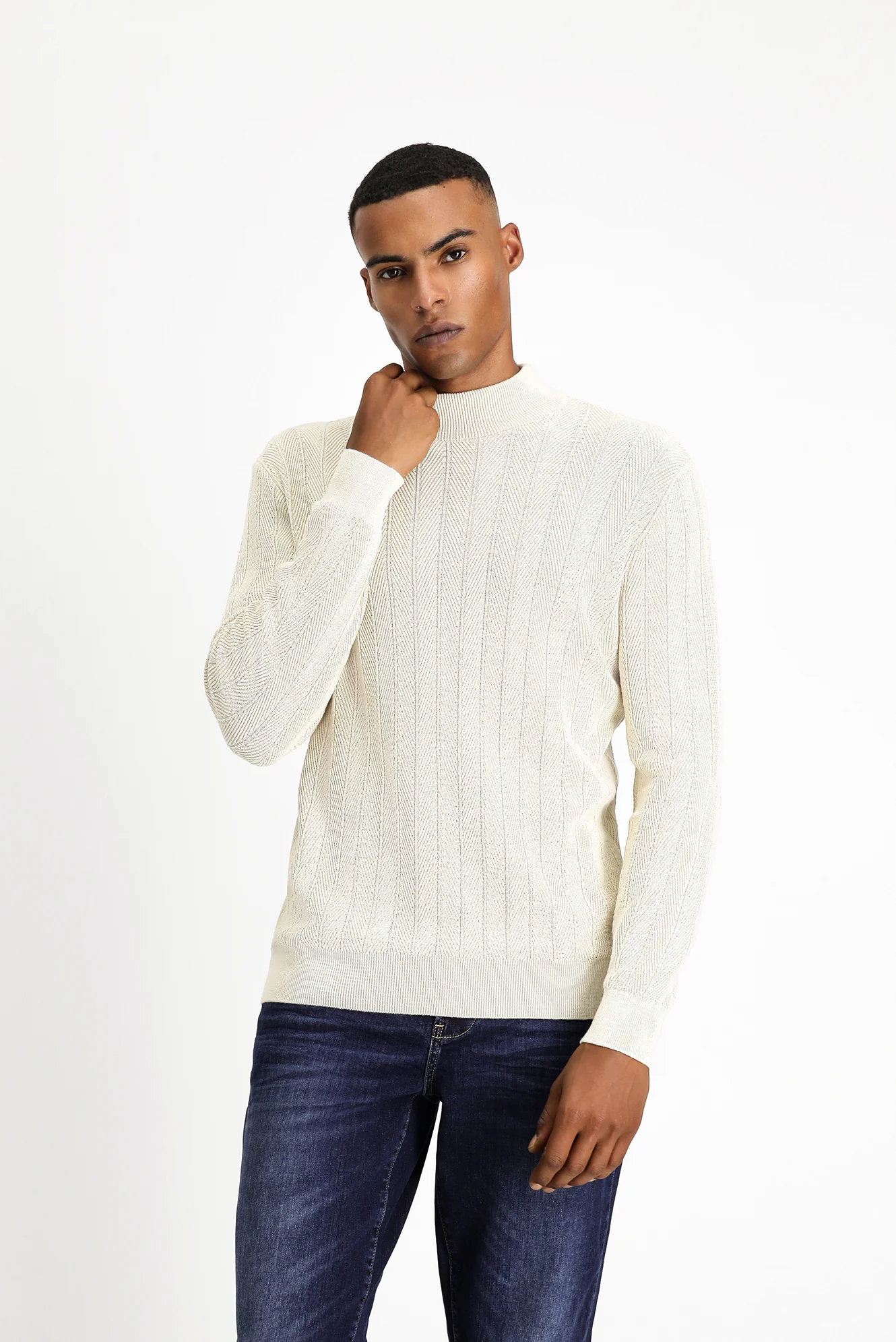 Ekru Yarım Balıkçı Yaka Slim Fit Çizgili Pamuklu Triko Kazak - Image 3