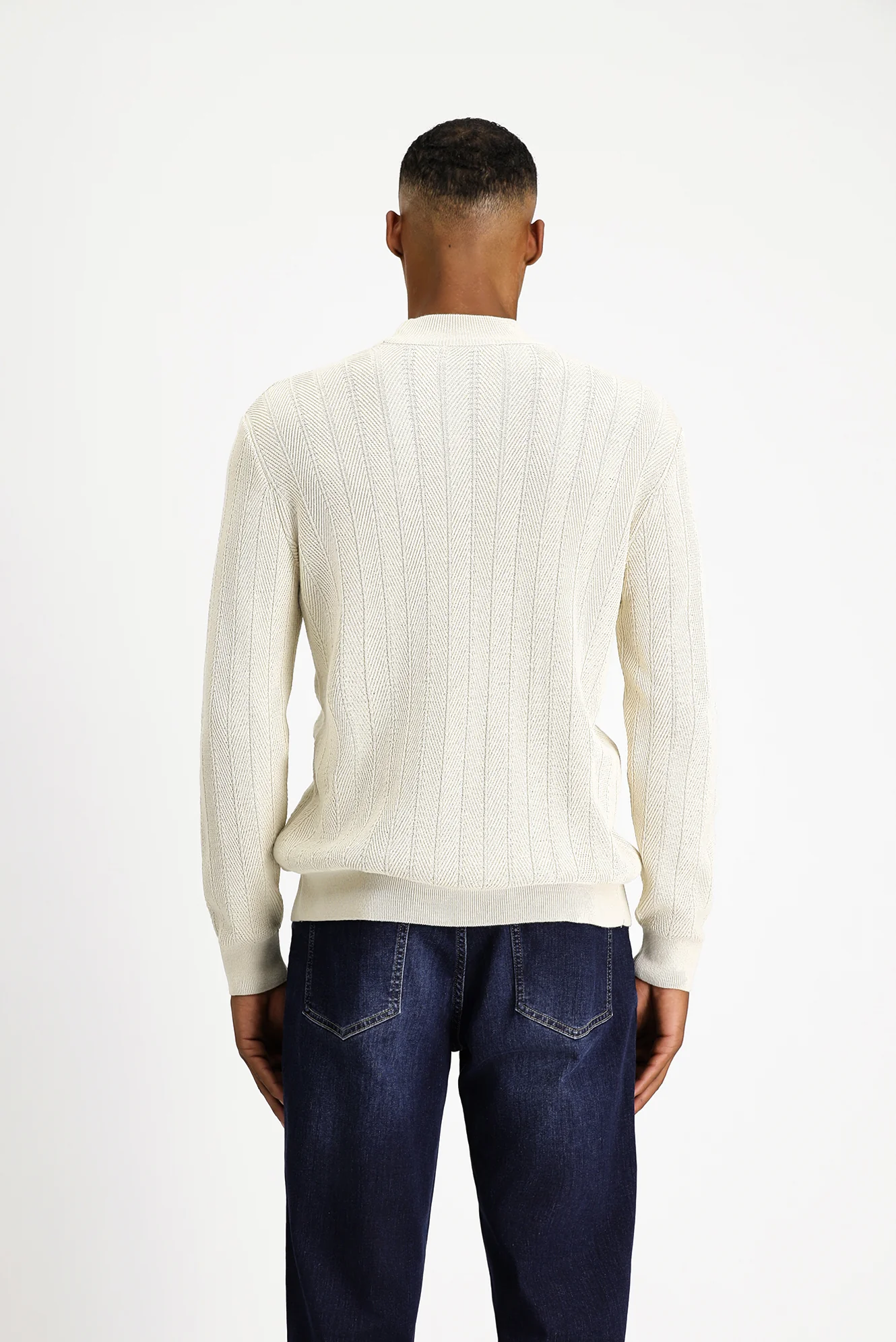 Ekru Yarım Balıkçı Yaka Slim Fit Çizgili Pamuklu Triko Kazak - Image 4