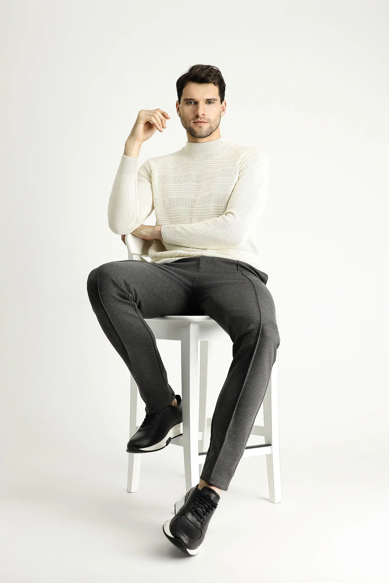Ekru Yarım Balıkçı Yaka Slim Fit Dar Kesim Desenli Yünlü Triko Kazak - Image 3