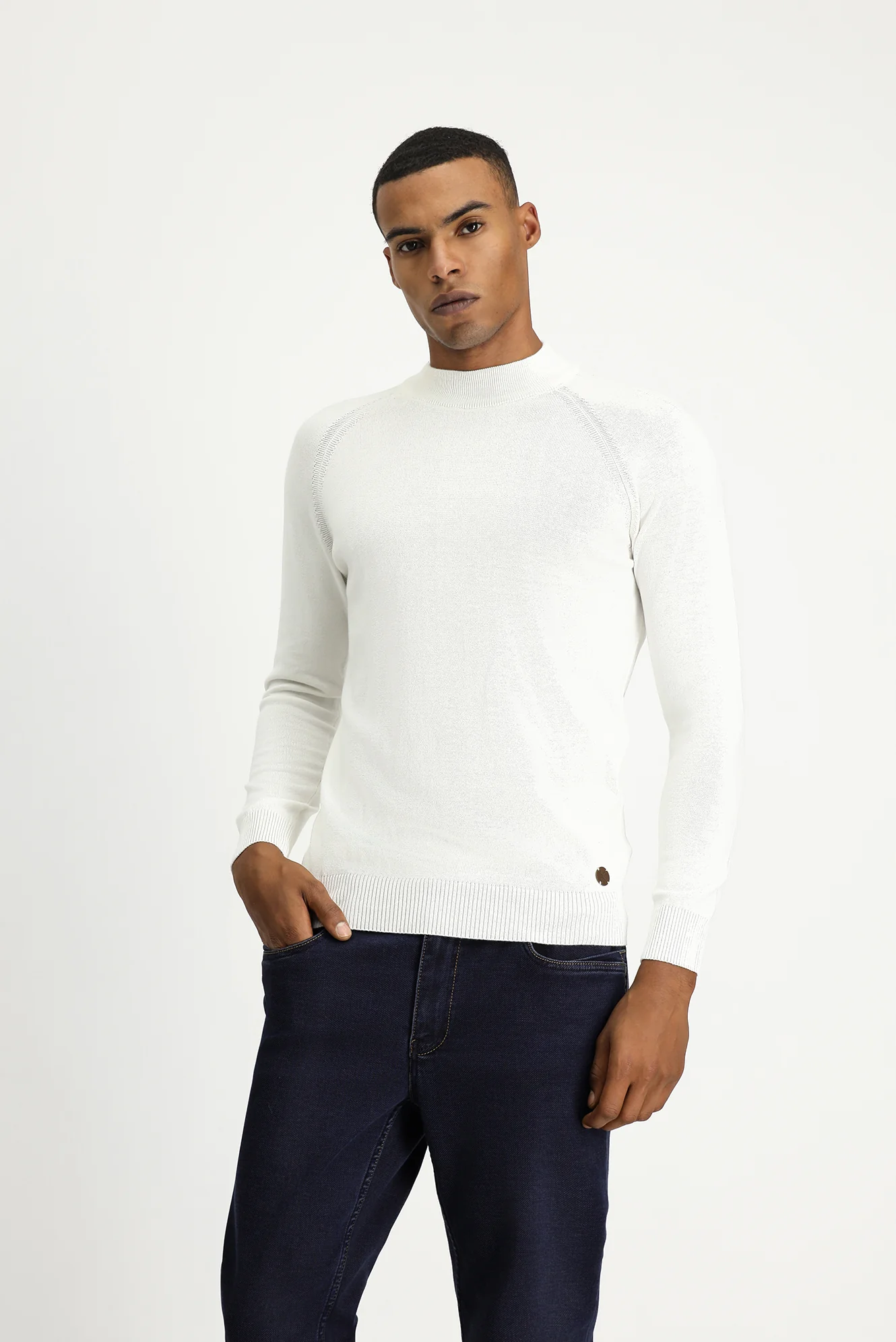 Ekru Yarım Balıkçı Yaka Slim Fit Dar Kesim Pamuklu Triko Kazak - Image 2