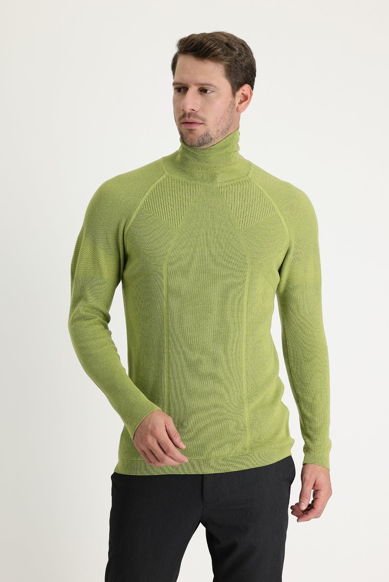 Fıstık Yeşili Balıkçı Yaka Slim Fit Dar Kesim Desenli Triko Kazak - Image 2