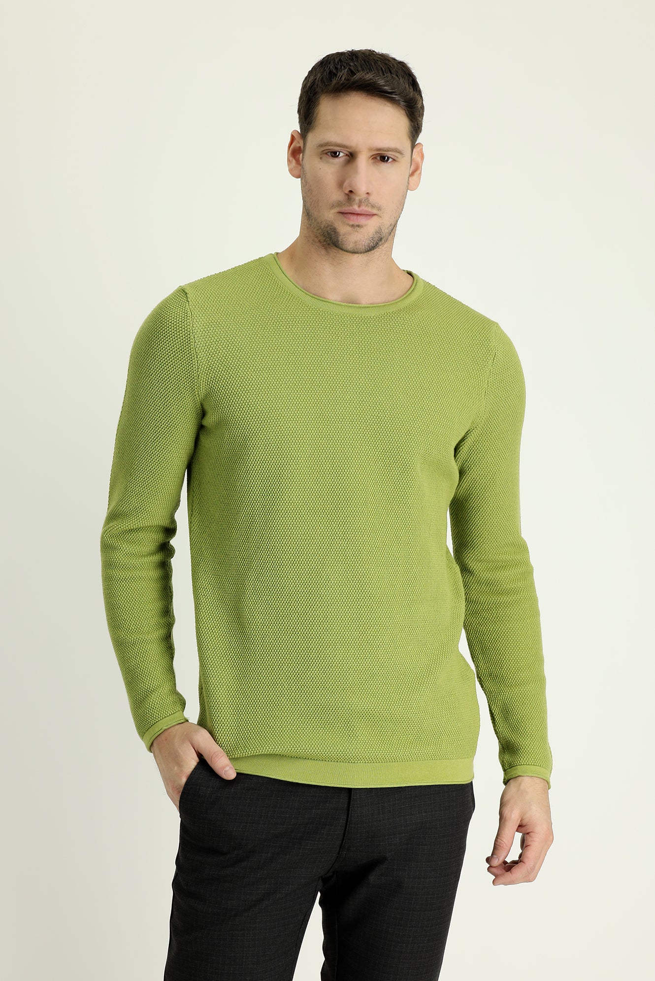 Fıstık Yeşili Bisiklet Yaka Slim Fit Dar Kesim Desenli Pamuklu Triko Kazak