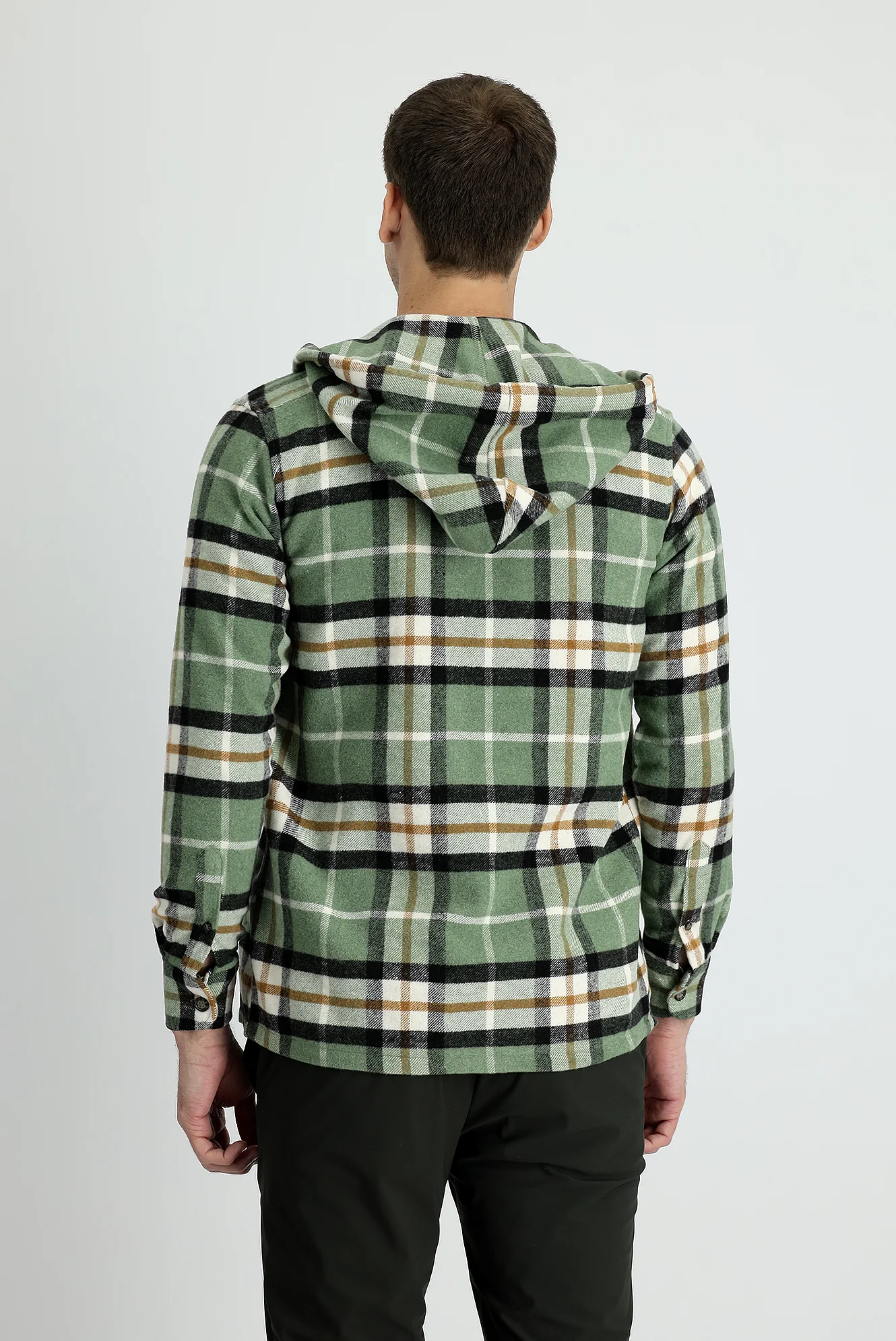 Fıstık Yeşili Slim Fit Dar Kesim Kapüşonlu Ekose Shacket Gömlek/Mont - Image 3