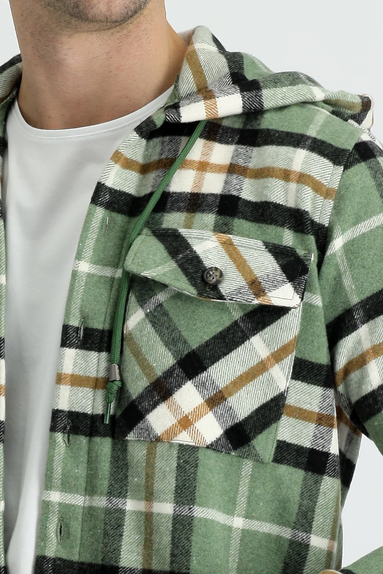 Fıstık Yeşili Slim Fit Dar Kesim Kapüşonlu Ekose Shacket Gömlek/Mont - Image 4