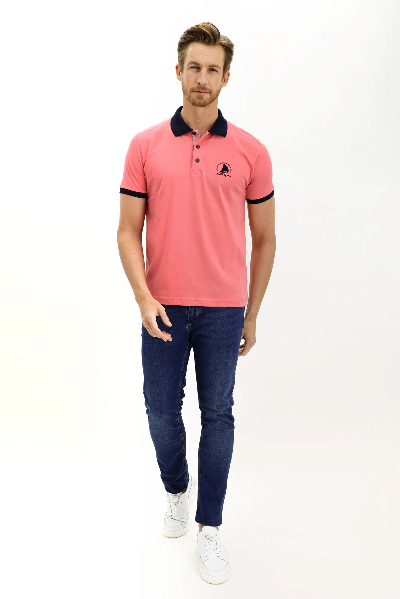 Fuşya Polo Yaka Slim Fit Dar Kesim Desenli Pamuk Tişört - Image 3