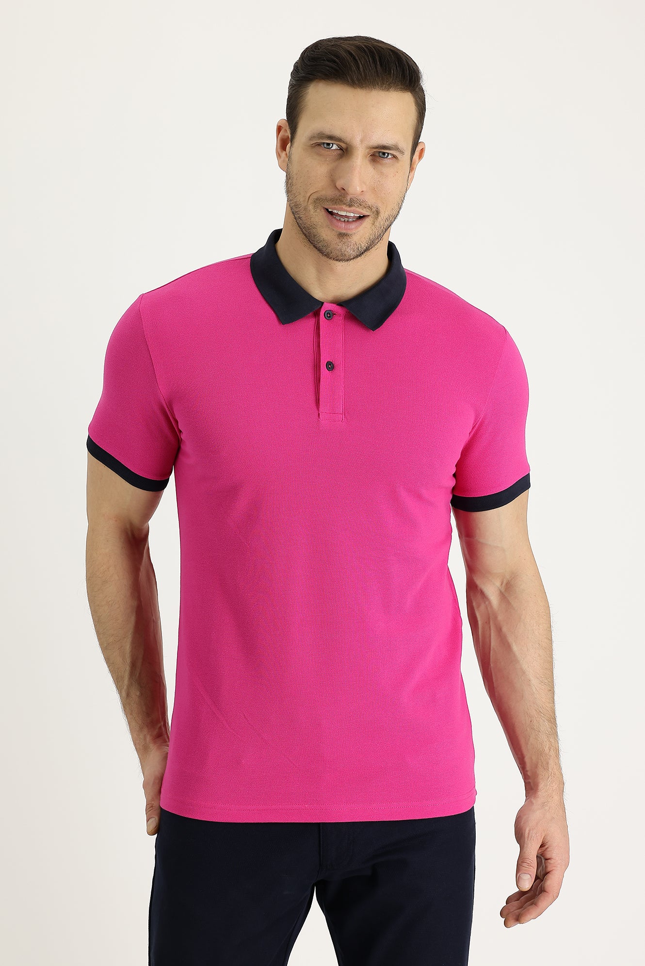 Fuşya Polo Yaka Slim Fit Dar Kesim Desenli Pamuk Tişört