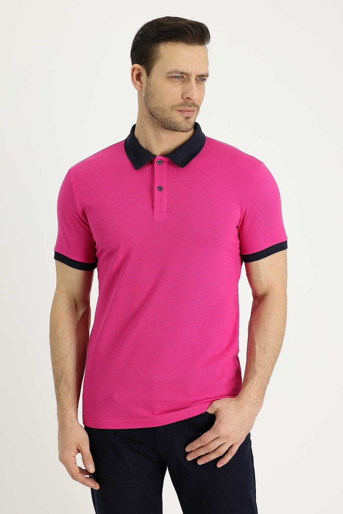 Fuşya Polo Yaka Slim Fit Dar Kesim Desenli Pamuk Tişört - Image 2