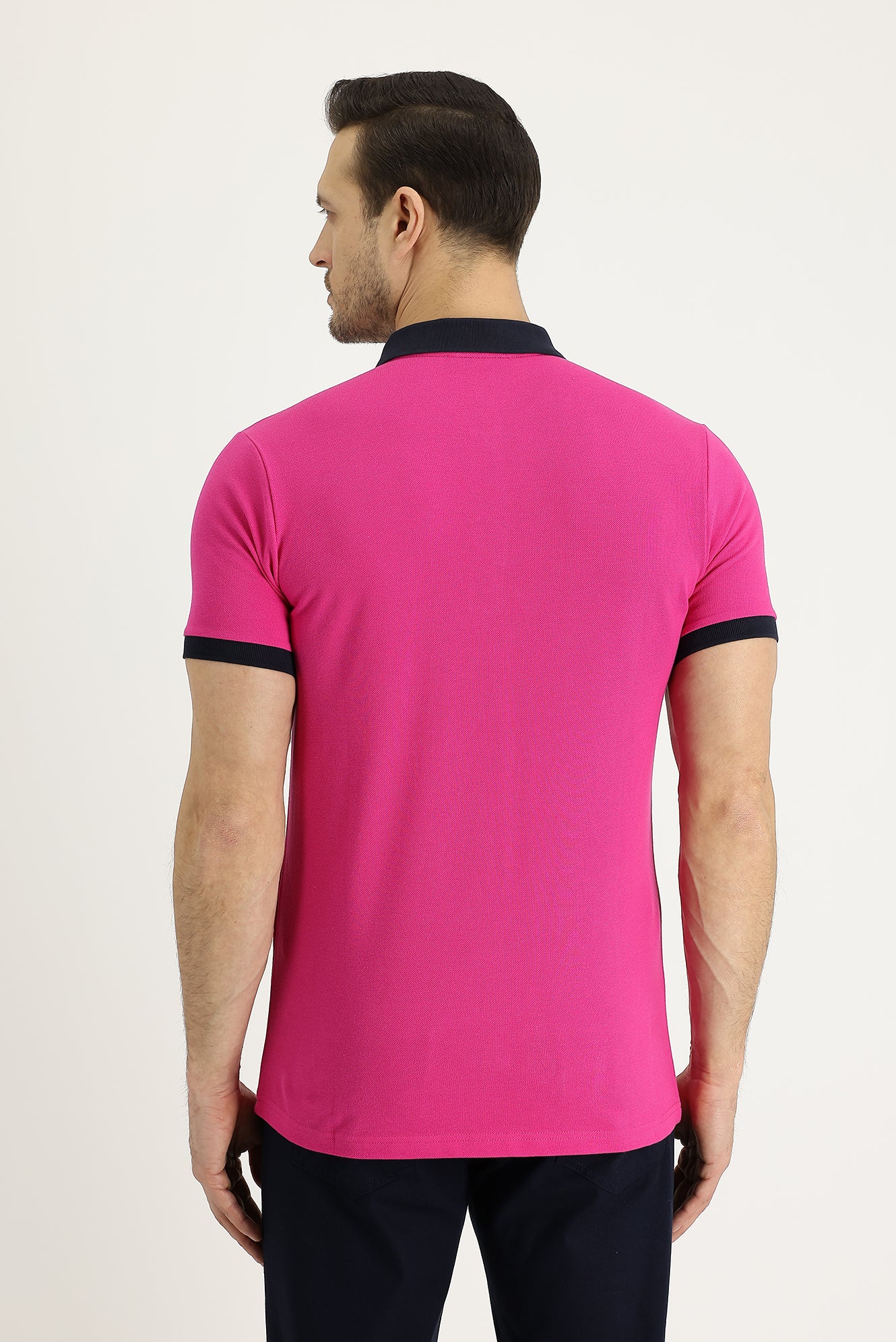 Fuşya Polo Yaka Slim Fit Dar Kesim Desenli Pamuk Tişört - Image 3