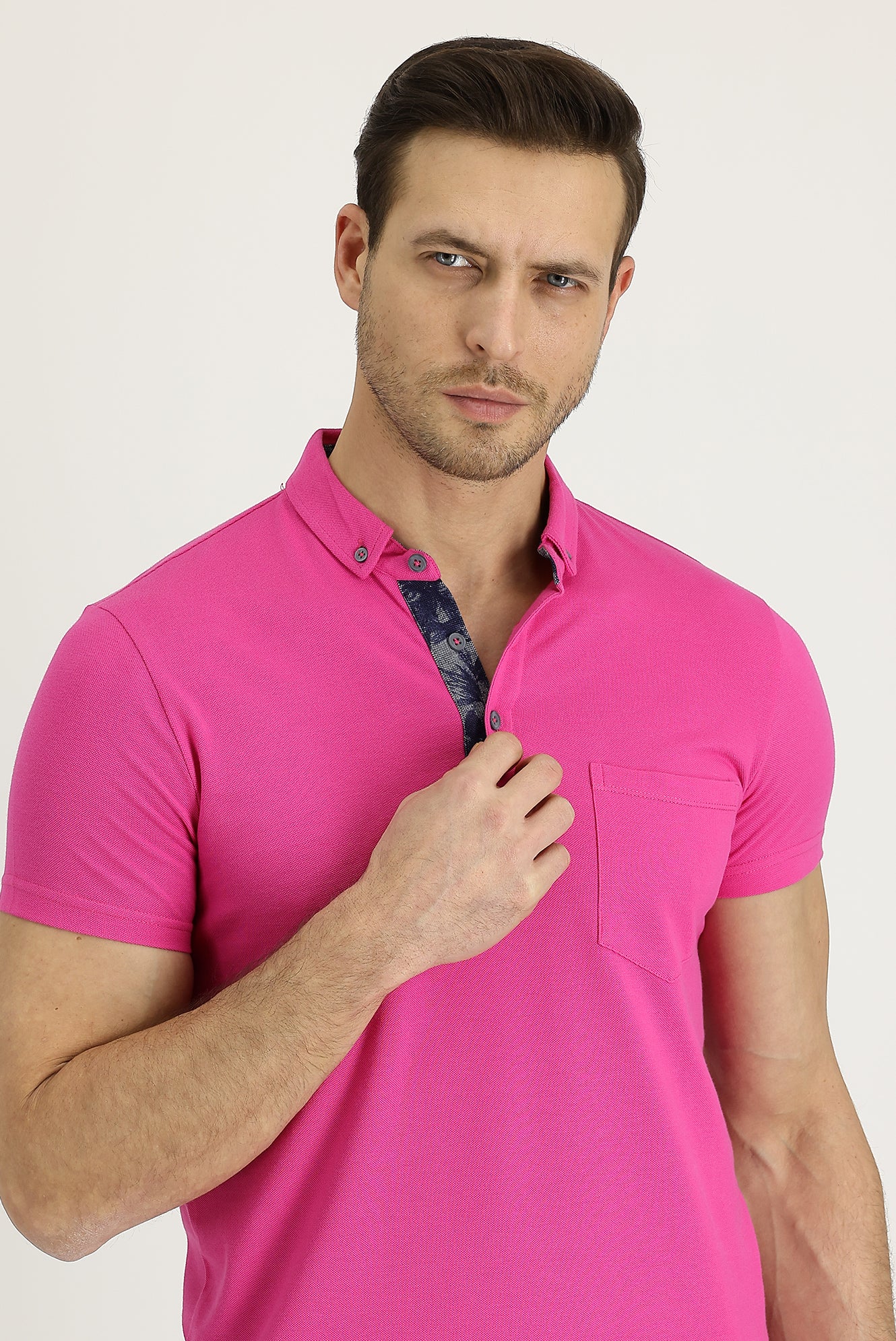 Fuşya Polo Yaka Slim Fit Dar Kesim Desenli Pamuk Tişört