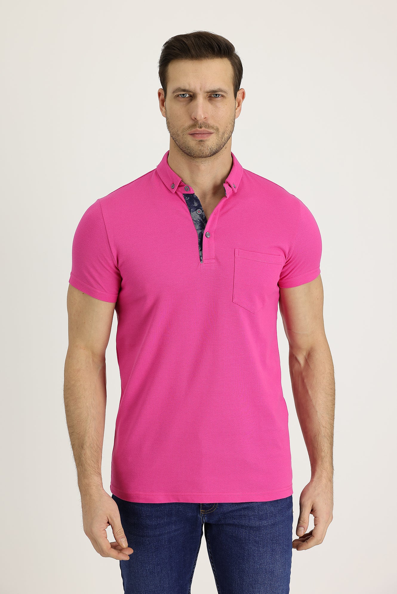 Fuşya Polo Yaka Slim Fit Dar Kesim Desenli Pamuk Tişört - Image 2