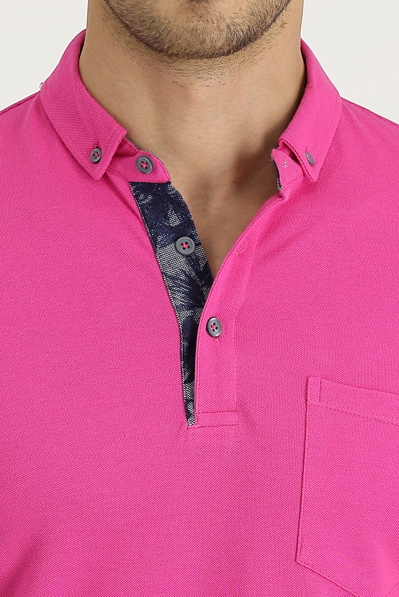 Fuşya Polo Yaka Slim Fit Dar Kesim Desenli Pamuk Tişört - Image 3