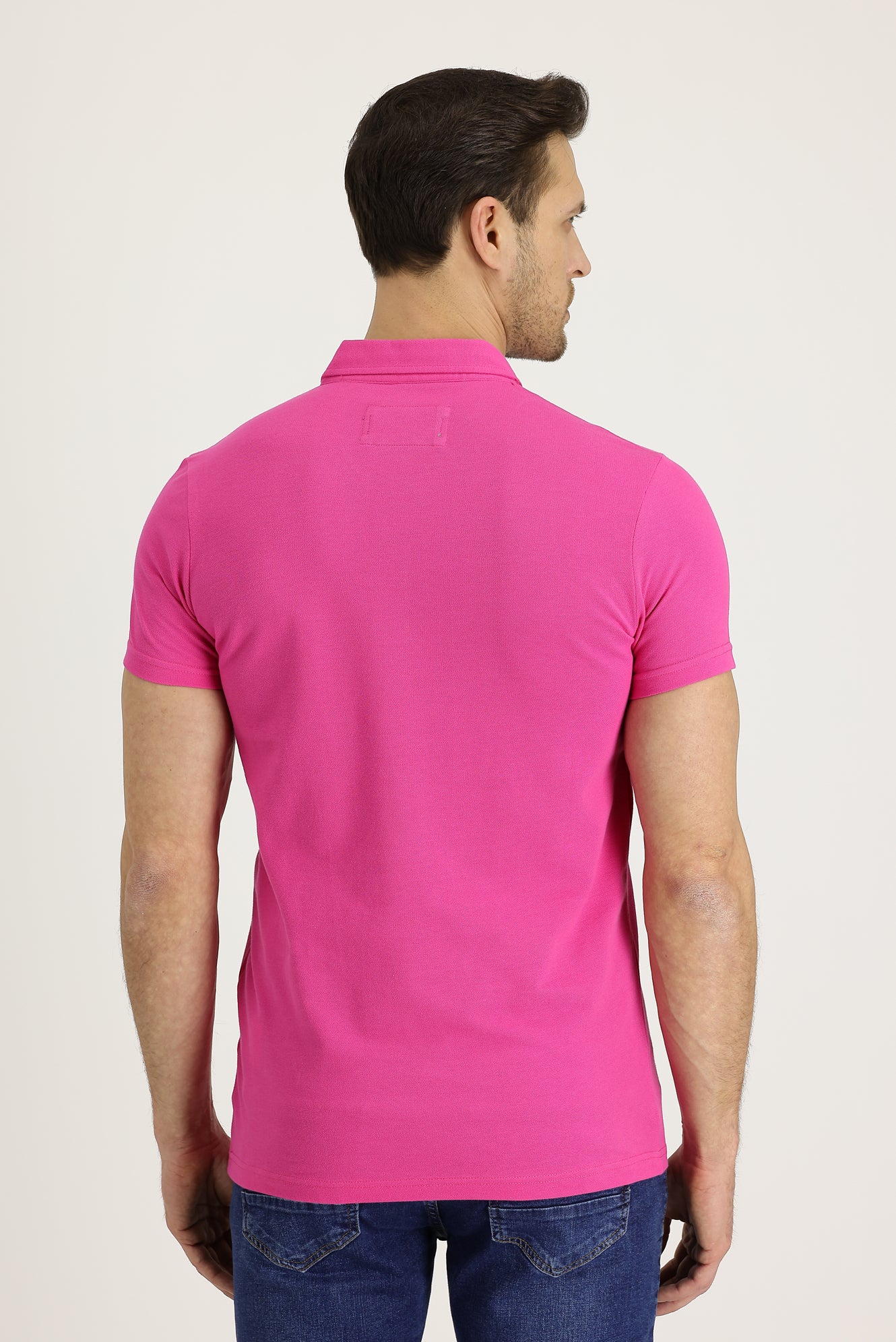 Fuşya Polo Yaka Slim Fit Dar Kesim Desenli Pamuk Tişört - Image 4