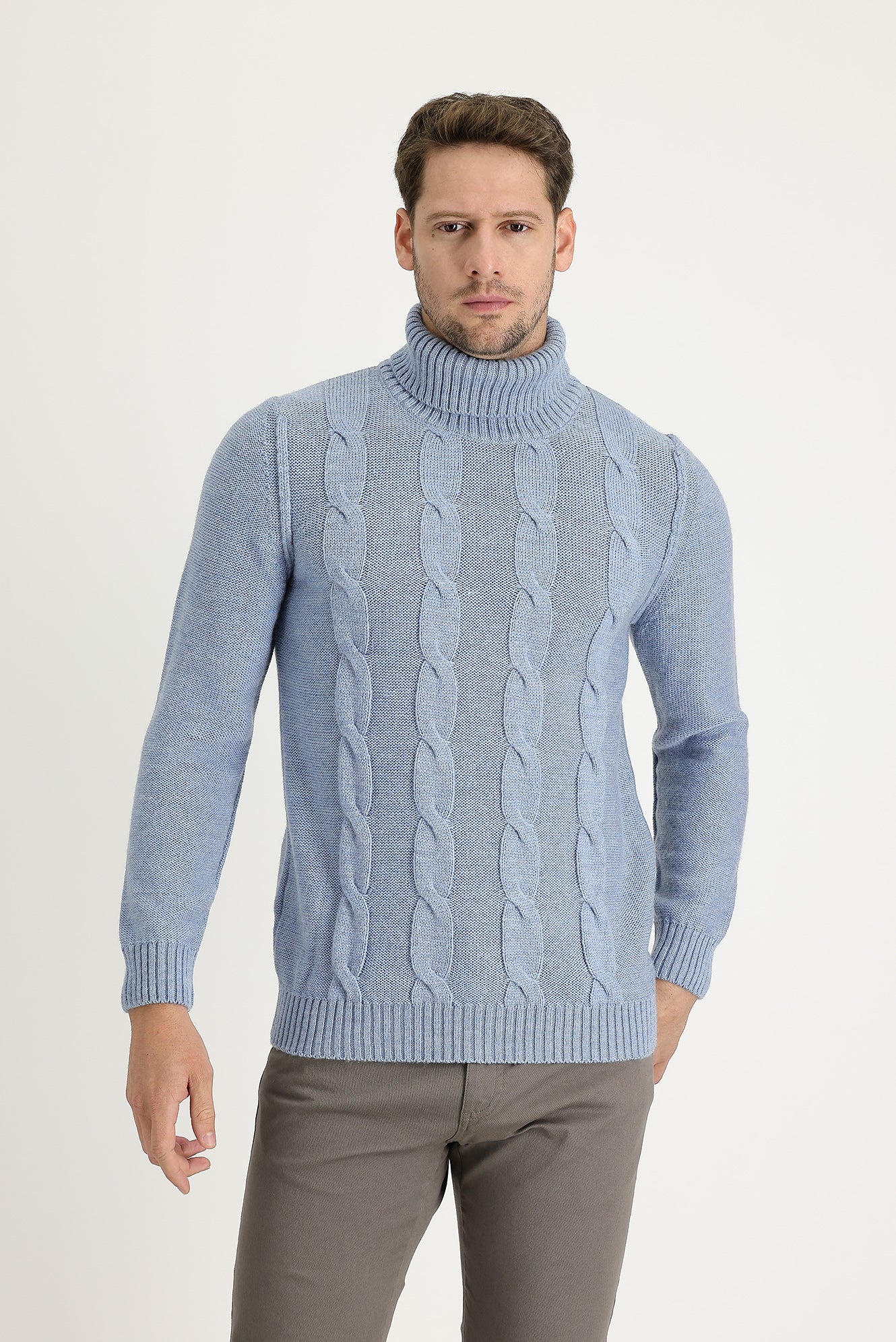 Gök Mavisi Balıkçı Yaka Slim Fit Dar Kesim Yünlü Desenli Triko Kazak - Image 2