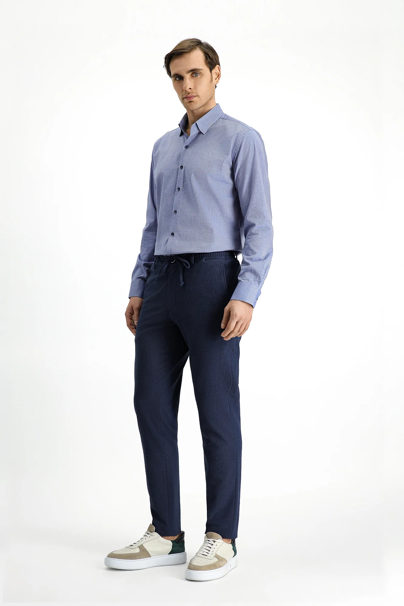 Gök Mavisi 7 Drop Super Slim Fit Eksra Dar Kesim Beli Lastikli İpli Gofre Likralı Klasik Kumaş Pantolon - Image 2