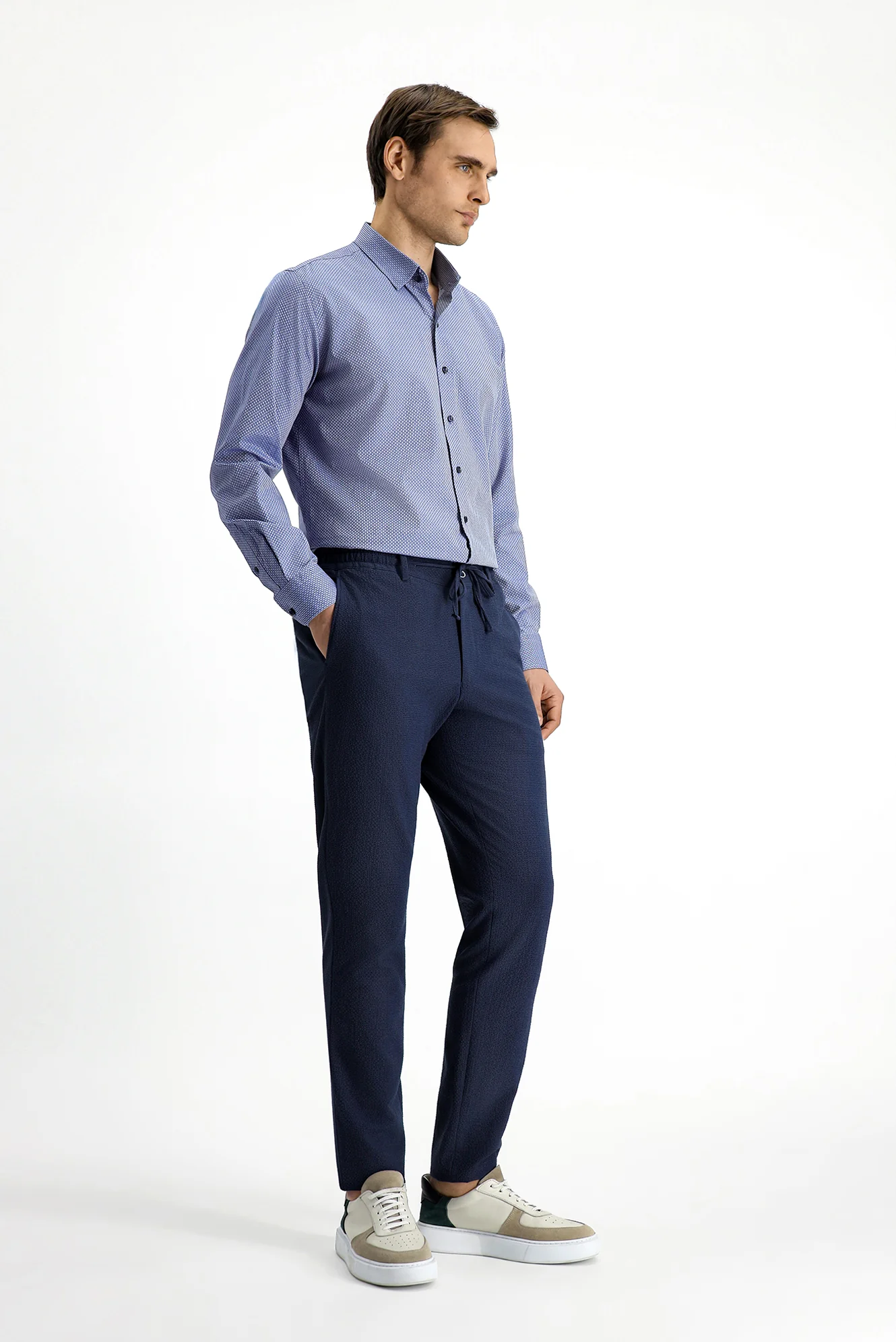 Gök Mavisi 7 Drop Super Slim Fit Eksra Dar Kesim Beli Lastikli İpli Gofre Likralı Klasik Kumaş Pantolon - Image 3