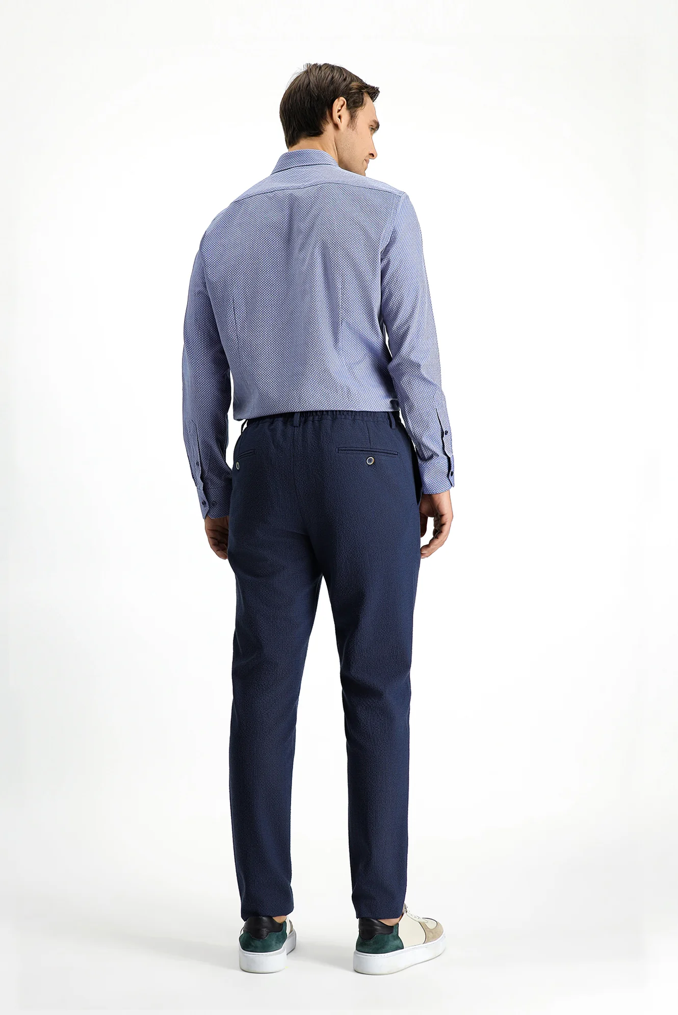 Gök Mavisi 7 Drop Super Slim Fit Eksra Dar Kesim Beli Lastikli İpli Gofre Likralı Klasik Kumaş Pantolon - Image 4