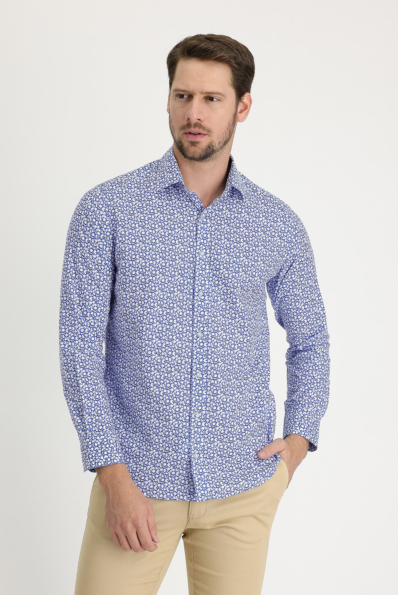 Gök Mavisi Uzun Kol Slim Fit Dar Kesim Baskılı Pamuk Gömlek - Image 2