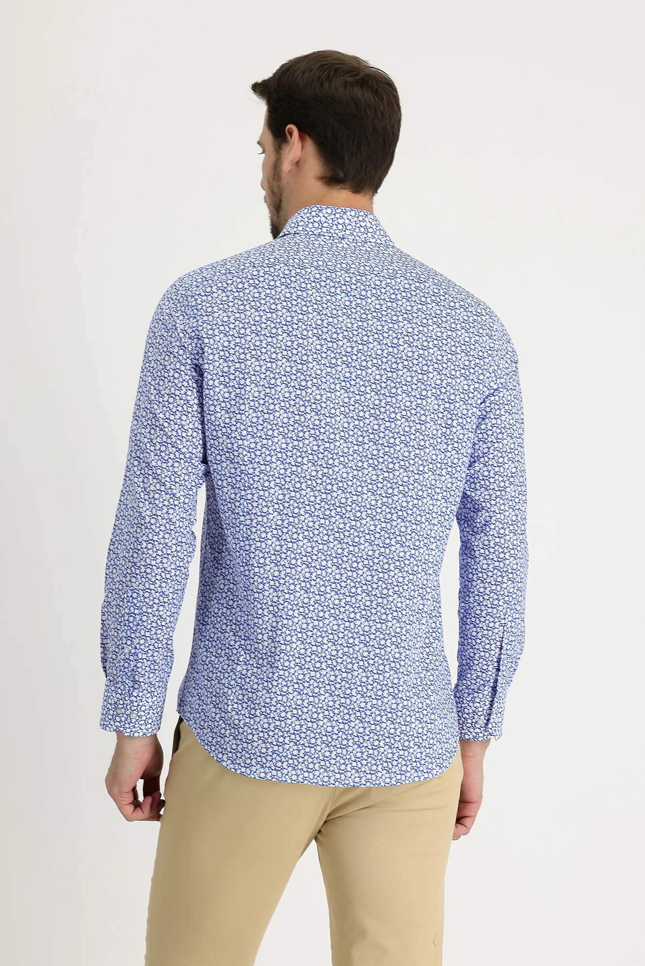 Gök Mavisi Uzun Kol Slim Fit Dar Kesim Baskılı Pamuk Gömlek - Image 3