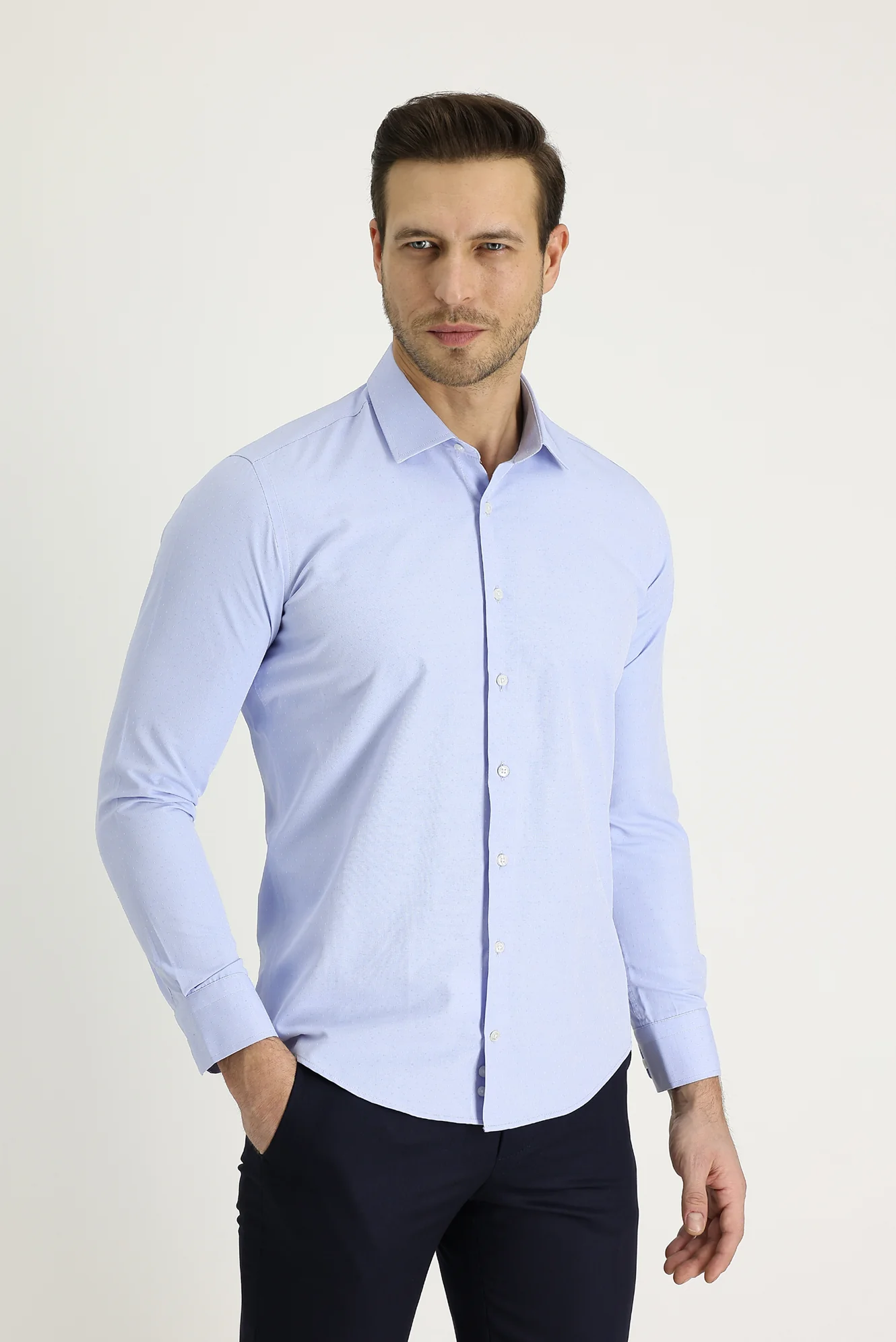 Gök Mavisi Uzun Kol Slim Fit Dar Kesim Desenli Pamuklu Gömlek - Image 3