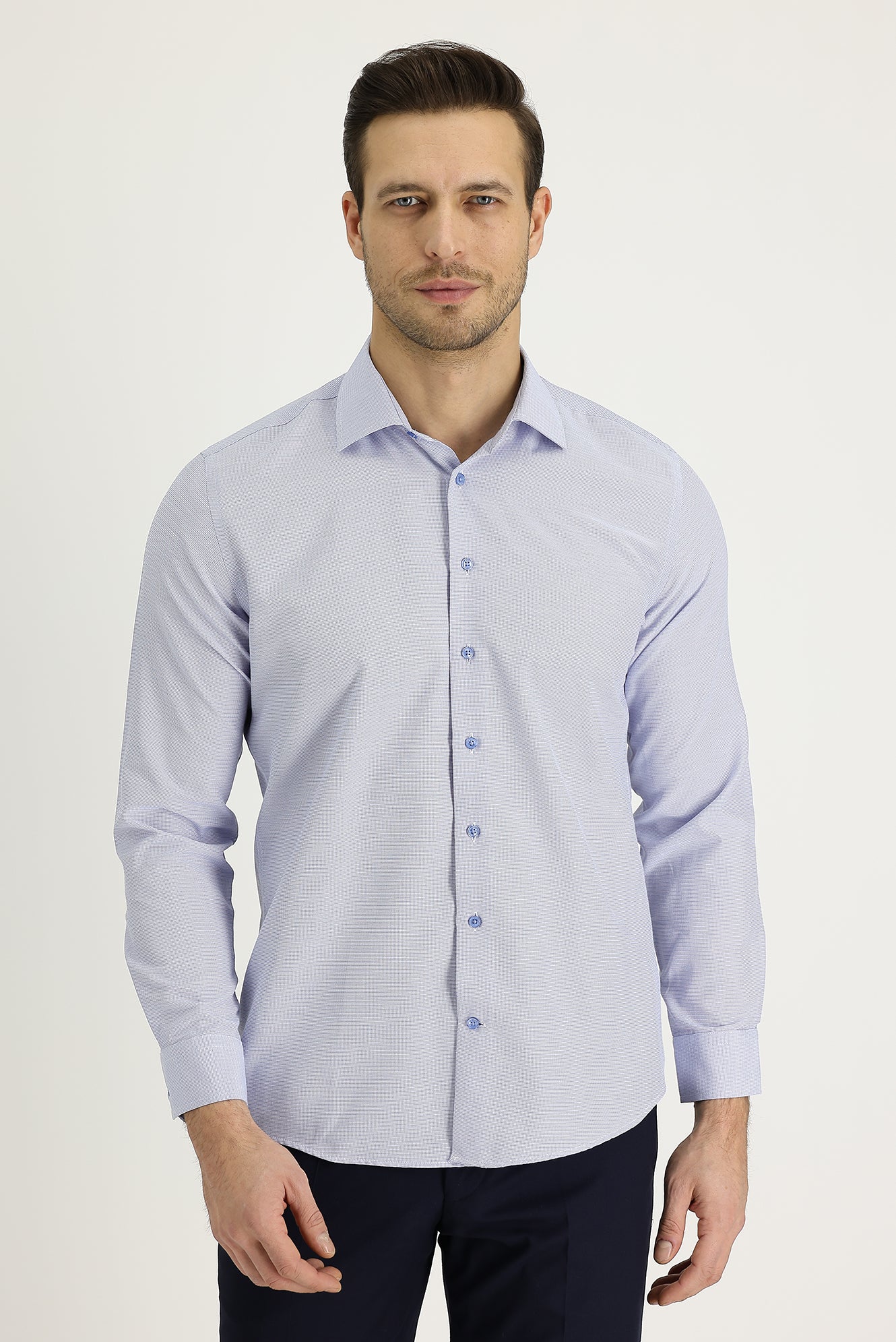 Gök Mavisi Uzun Kol Slim Fit Dar Kesim Klasik Desenli Pamuklu Kolay Ütülenebilir Gömlek - Image 2