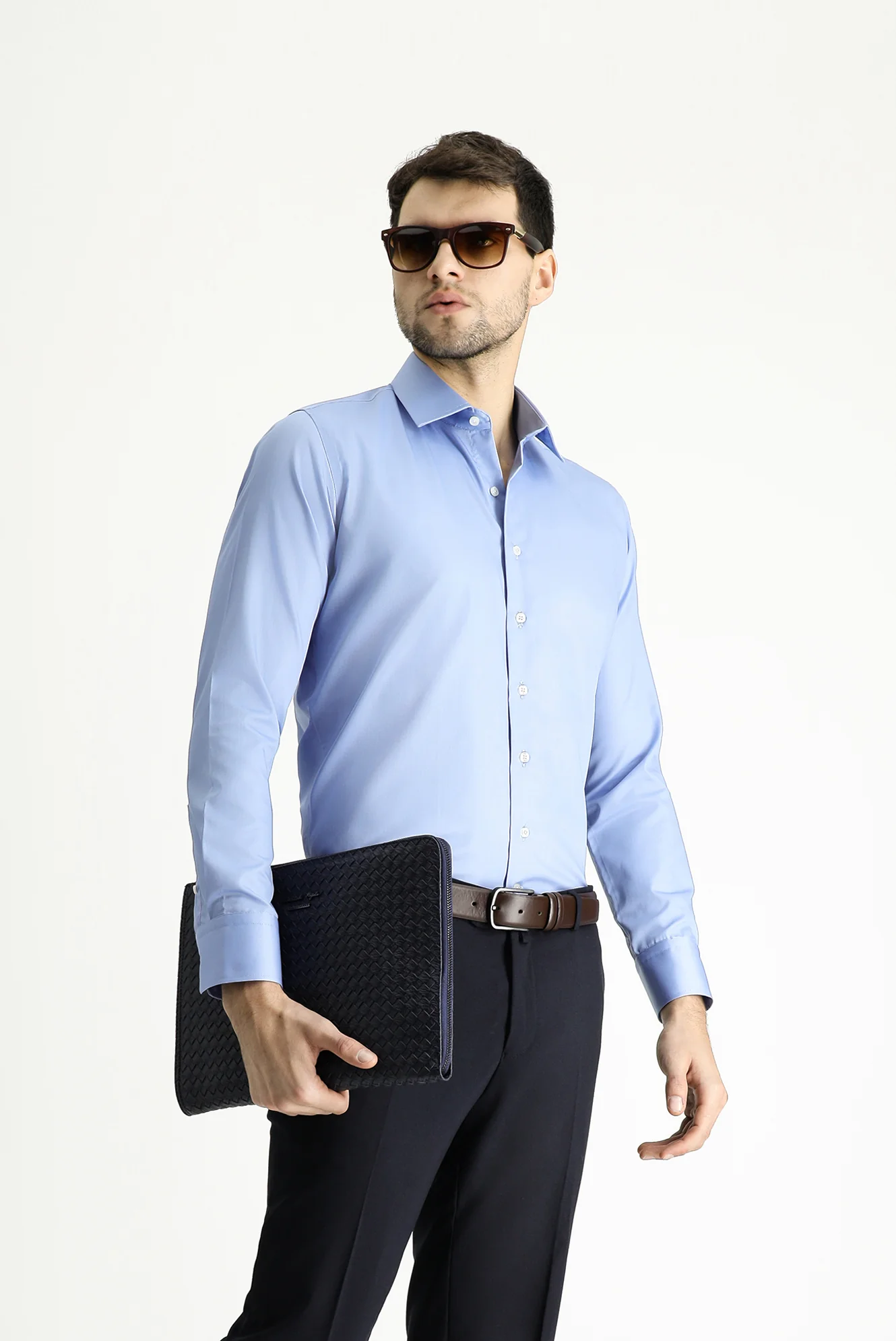 Gök Mavisi Uzun Kol Slim Fit Dar Kesim Klasik Non Iron Saten Pamuklu Gömlek
