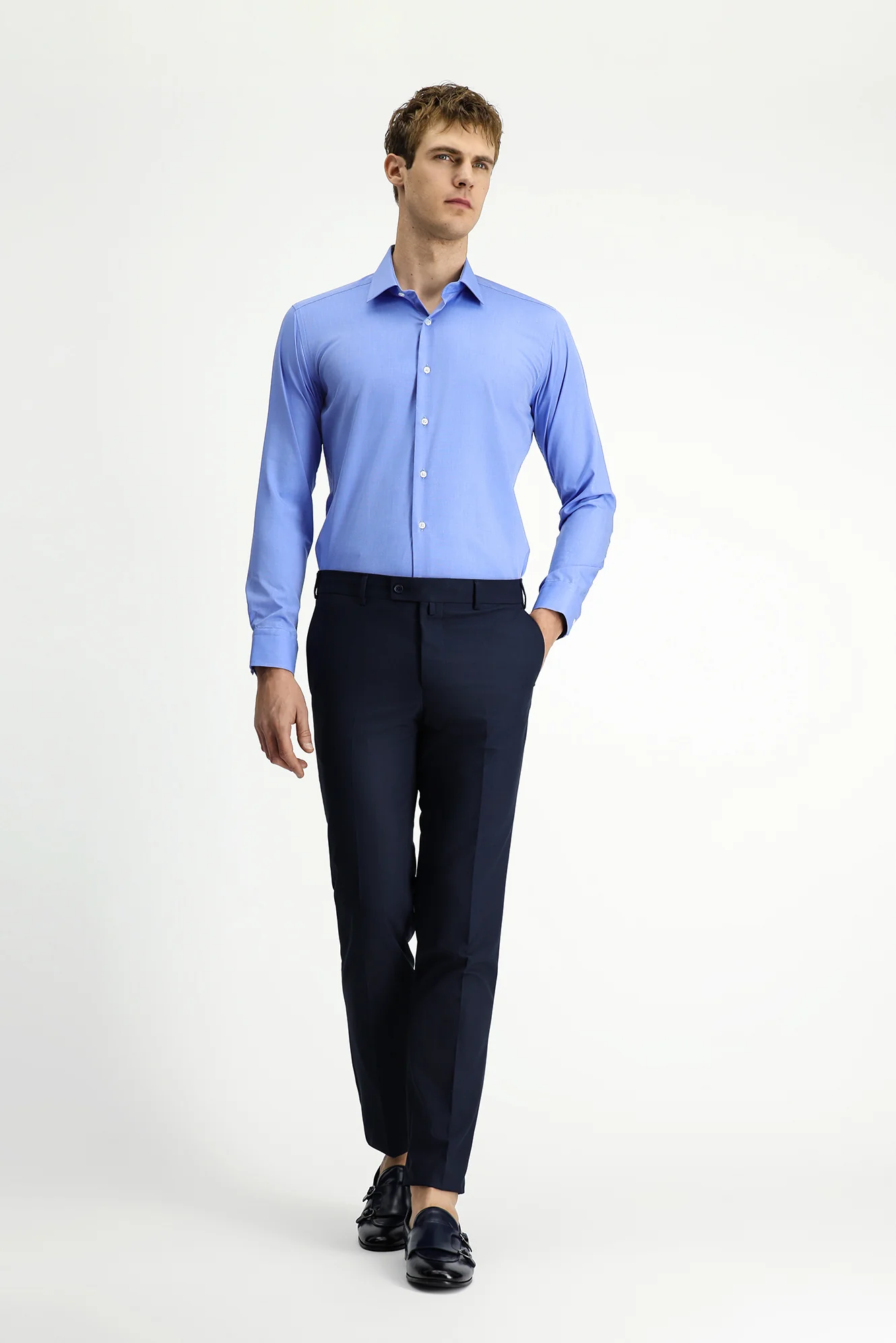 Gök Mavisi Uzun Kol Slim Fit Dar Kesim Klasik Pamuk Gömlek - Image 2