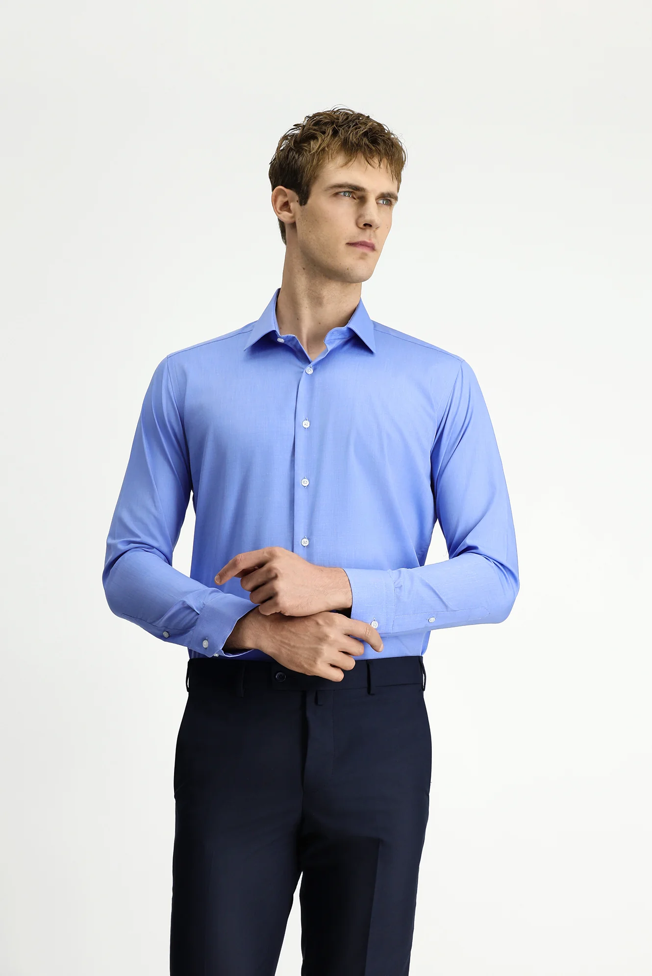 Gök Mavisi Uzun Kol Slim Fit Dar Kesim Klasik Pamuk Gömlek - Image 3