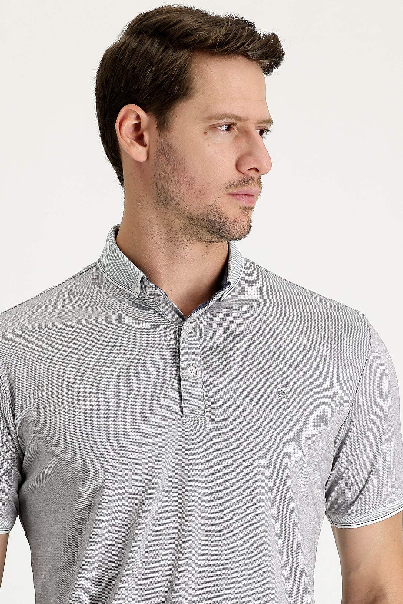 Gümüş Polo Yaka Regular Fit Nakışlı Tişört - Image 2