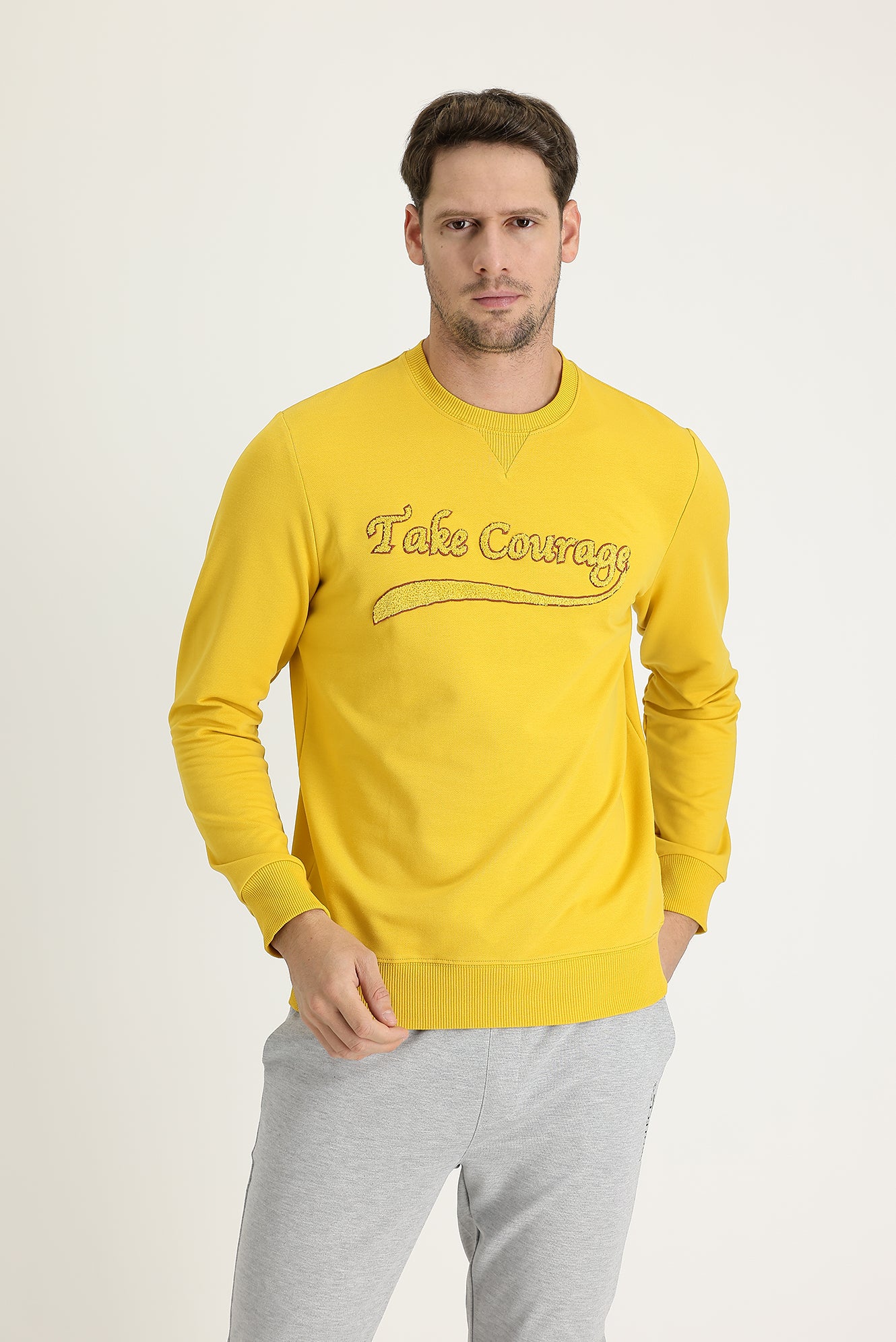 Hardal Bisiklet Yaka Slim Fit Dar Kesim Baskılı Sweatshirt - Image 2