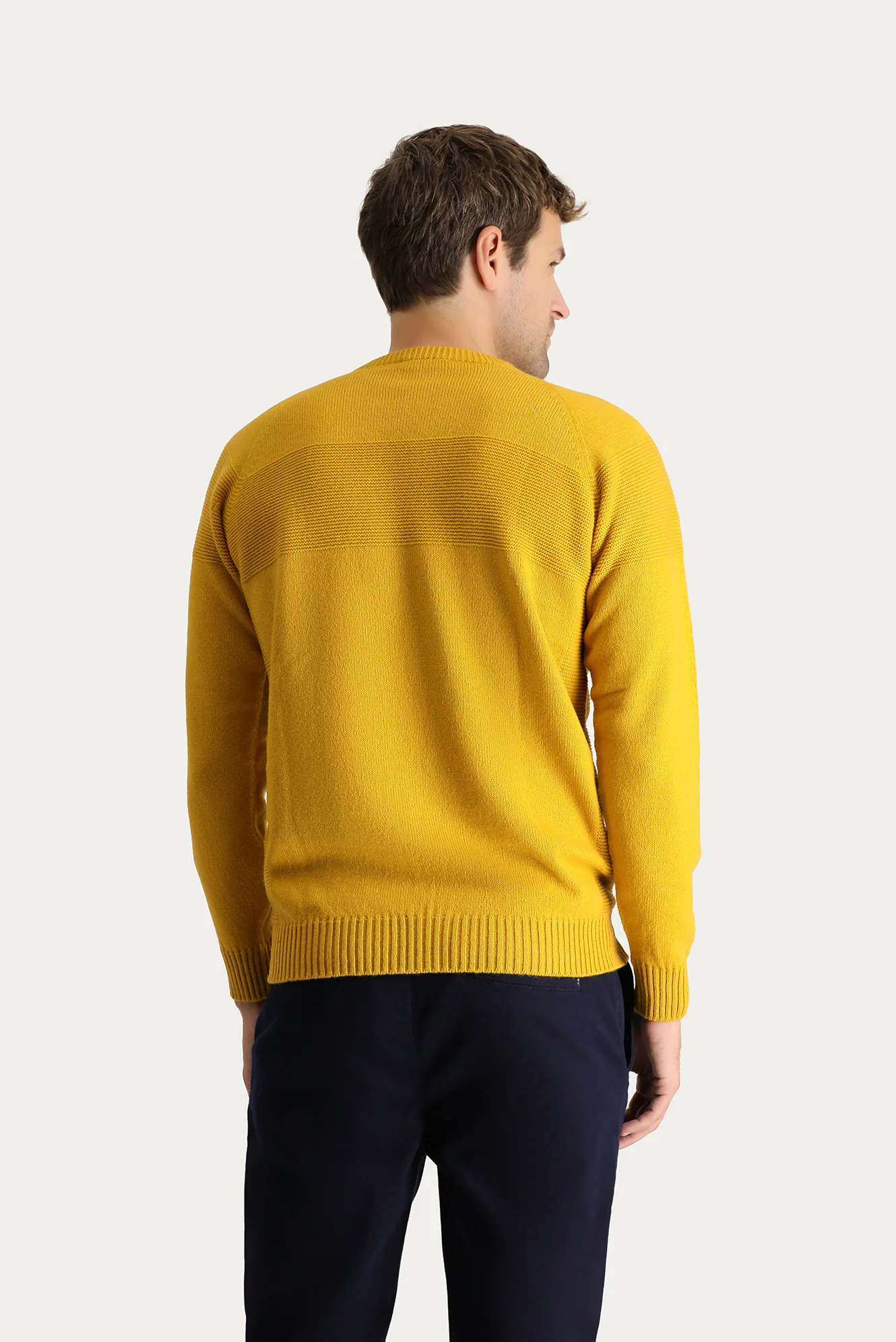 Hardal Bisiklet Yaka Slim Fit Dar Kesim Dikişsiz Desenli Yünlü Triko Kazak - Image 4