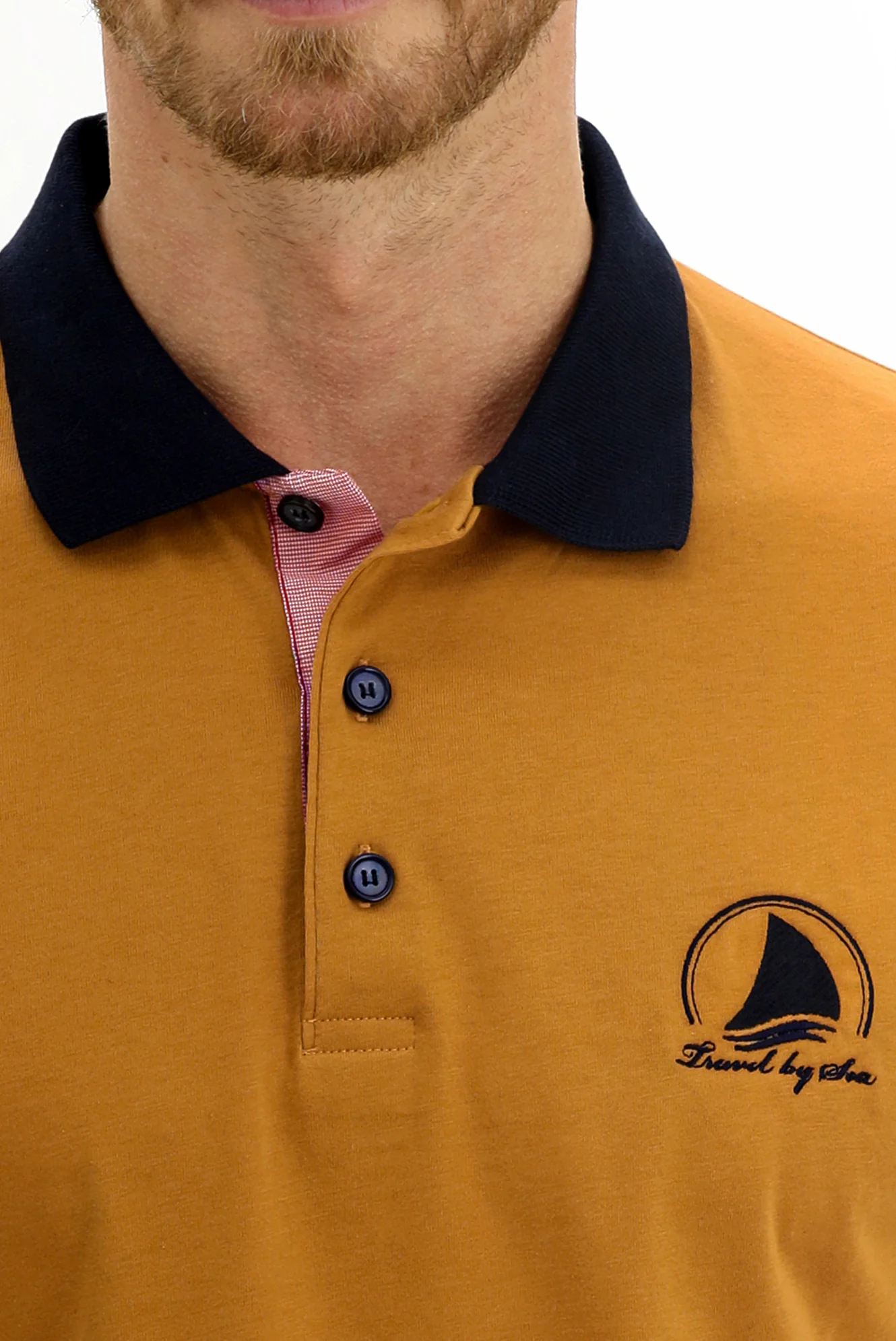 Hardal Polo Yaka Slim Fit Dar Kesim Desenli Pamuk Tişört - Image 3