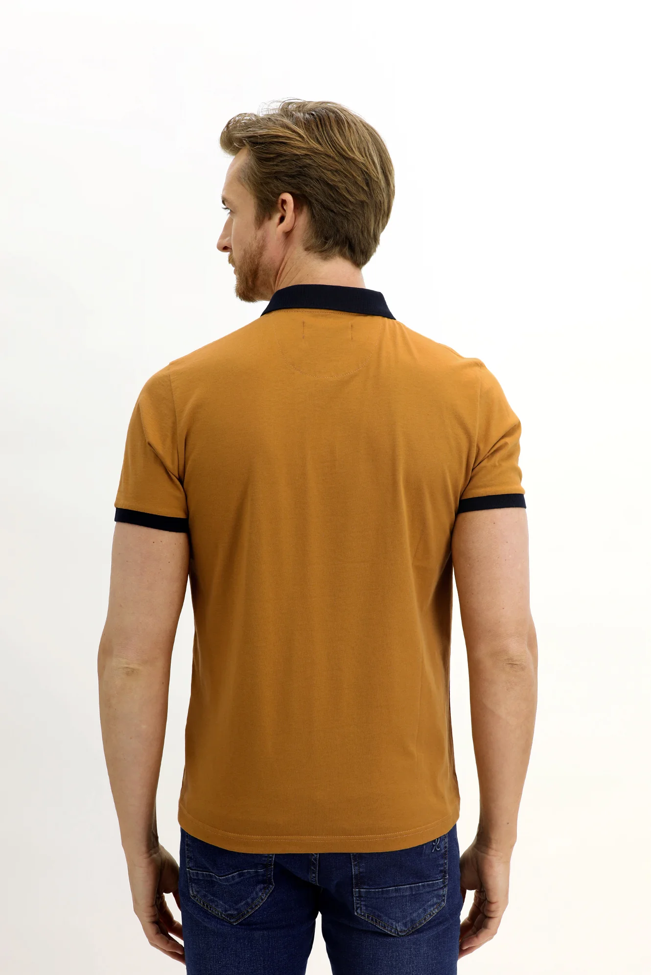 Hardal Polo Yaka Slim Fit Dar Kesim Desenli Pamuk Tişört - Image 4