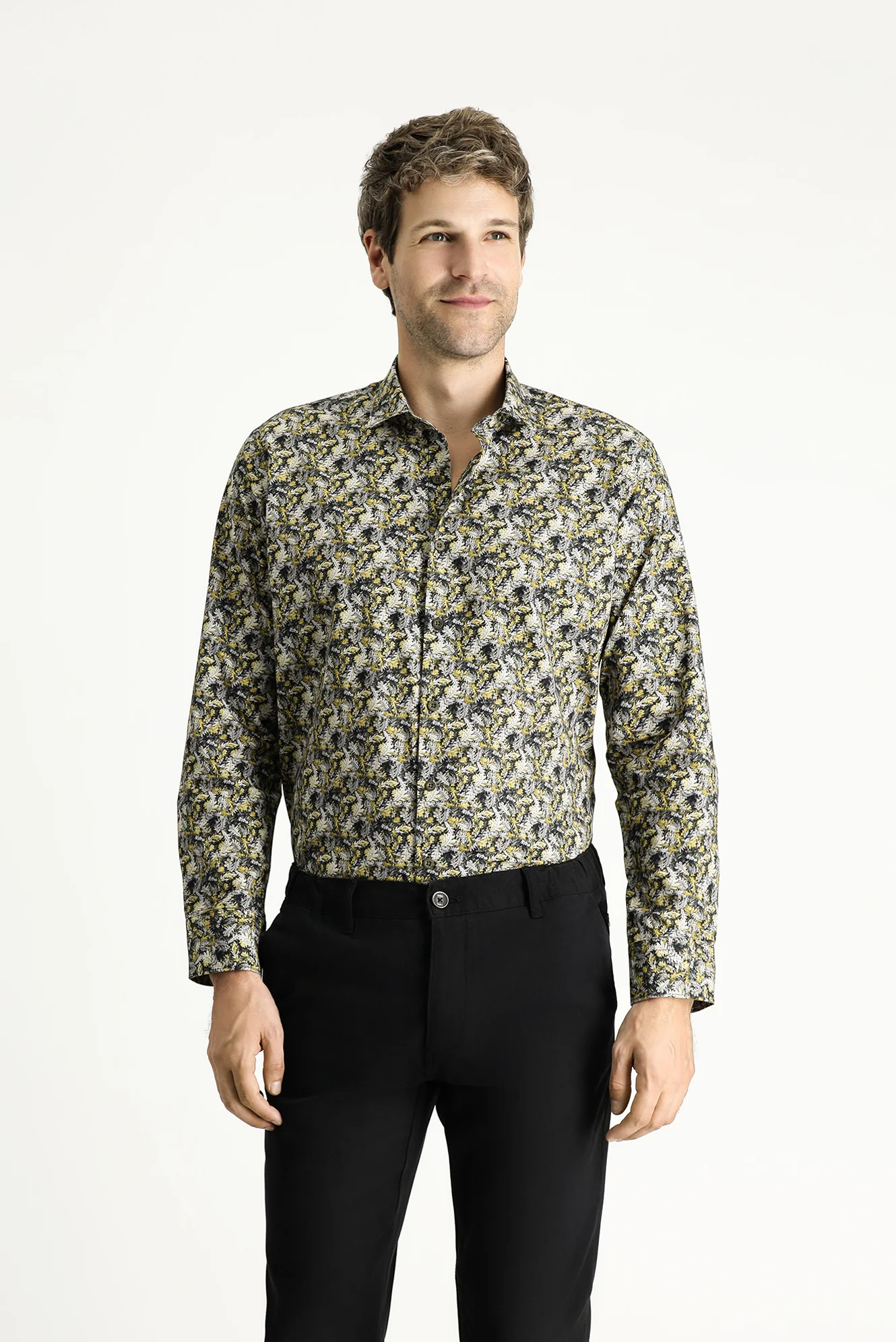 Hardal Uzun Kol Slim Fit Dar Kesim Baskılı Pamuk Gömlek