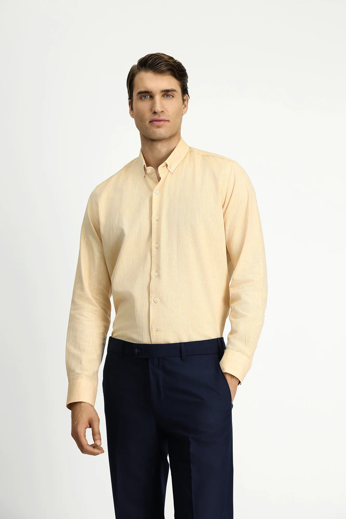 Hardal Uzun Kol Slim Fit Dar Kesim Pamuklu Keten Düğmeli Yaka Gömlek
