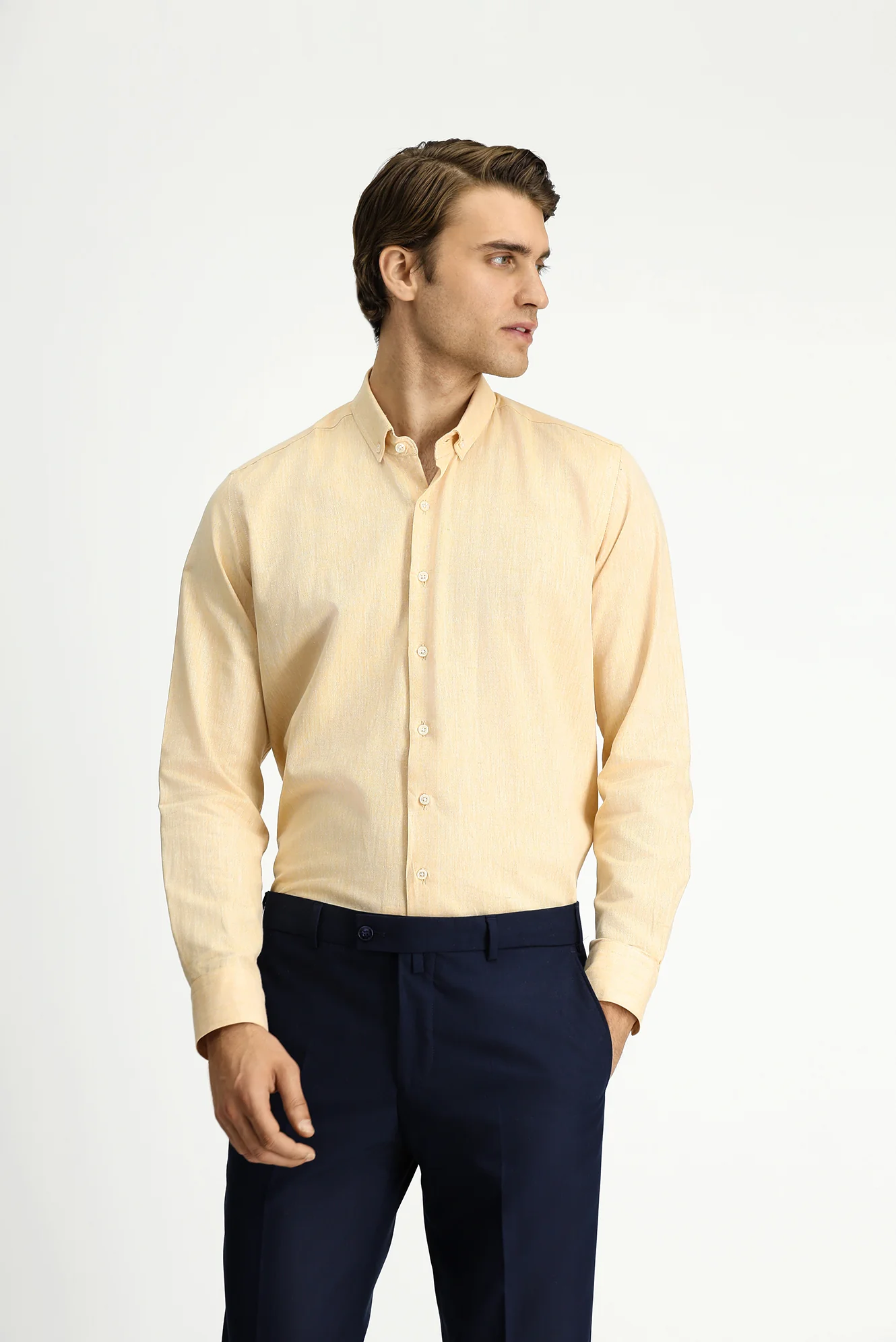 Hardal Uzun Kol Slim Fit Dar Kesim Pamuklu Keten Düğmeli Yaka Gömlek - Image 3