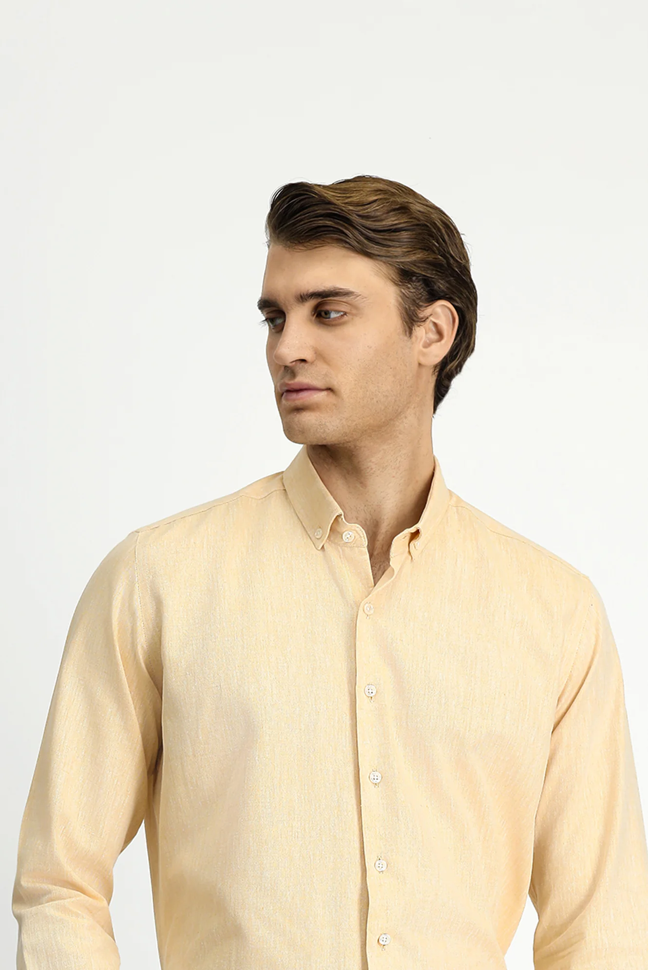 Hardal Uzun Kol Slim Fit Dar Kesim Pamuklu Keten Düğmeli Yaka Gömlek - Image 4