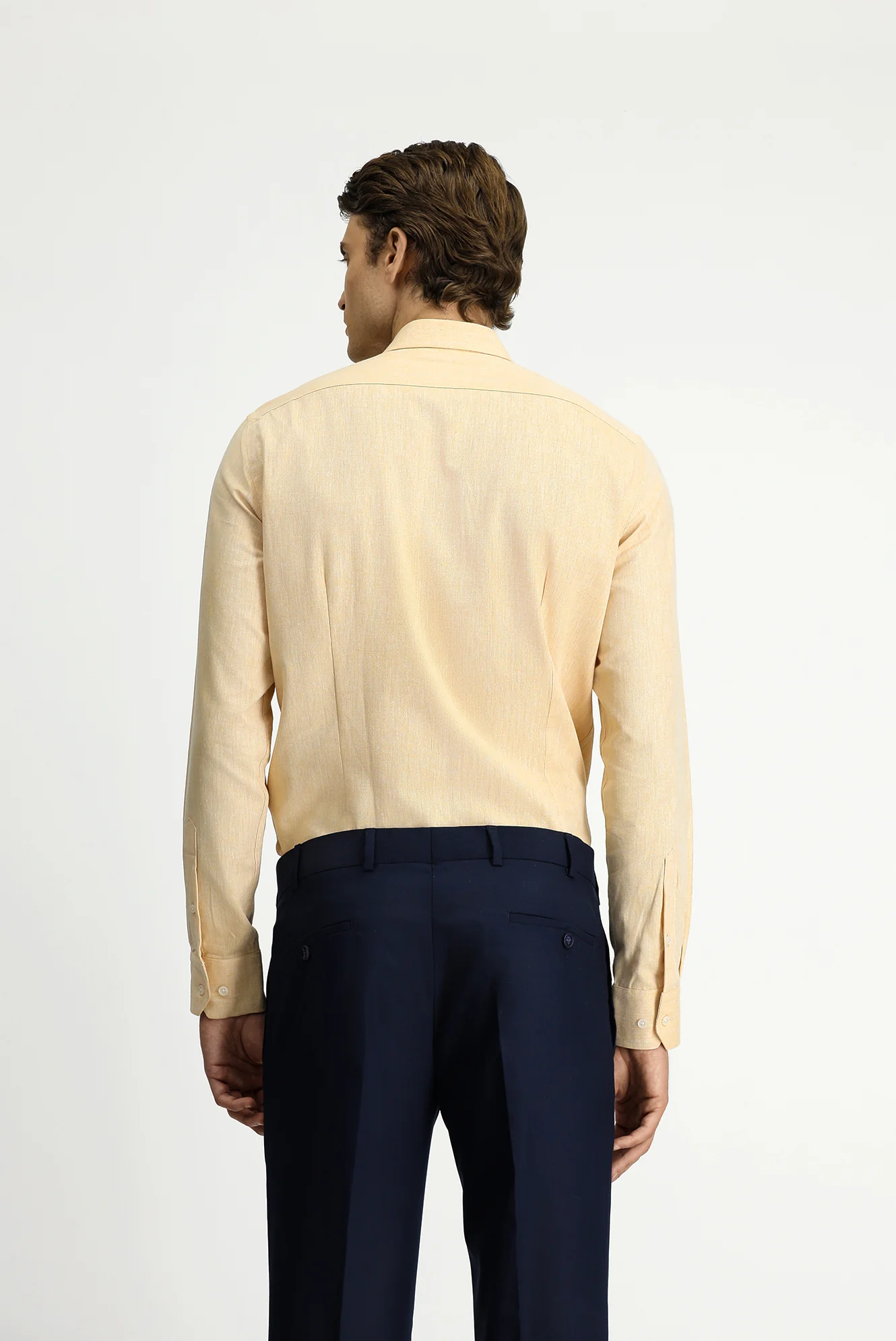 Hardal Uzun Kol Slim Fit Dar Kesim Pamuklu Keten Düğmeli Yaka Gömlek - Image 5