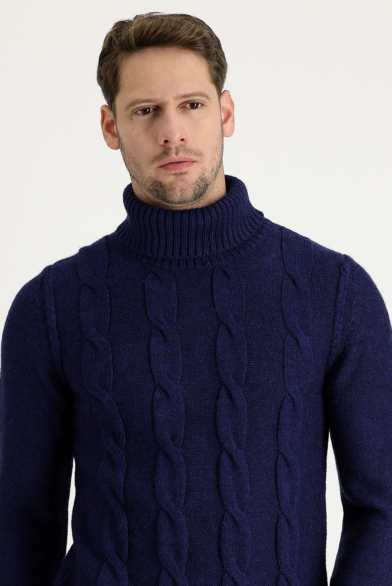 Havacı Mavi Balıkçı Yaka Slim Fit Dar Kesim Yünlü Desenli Triko Kazak