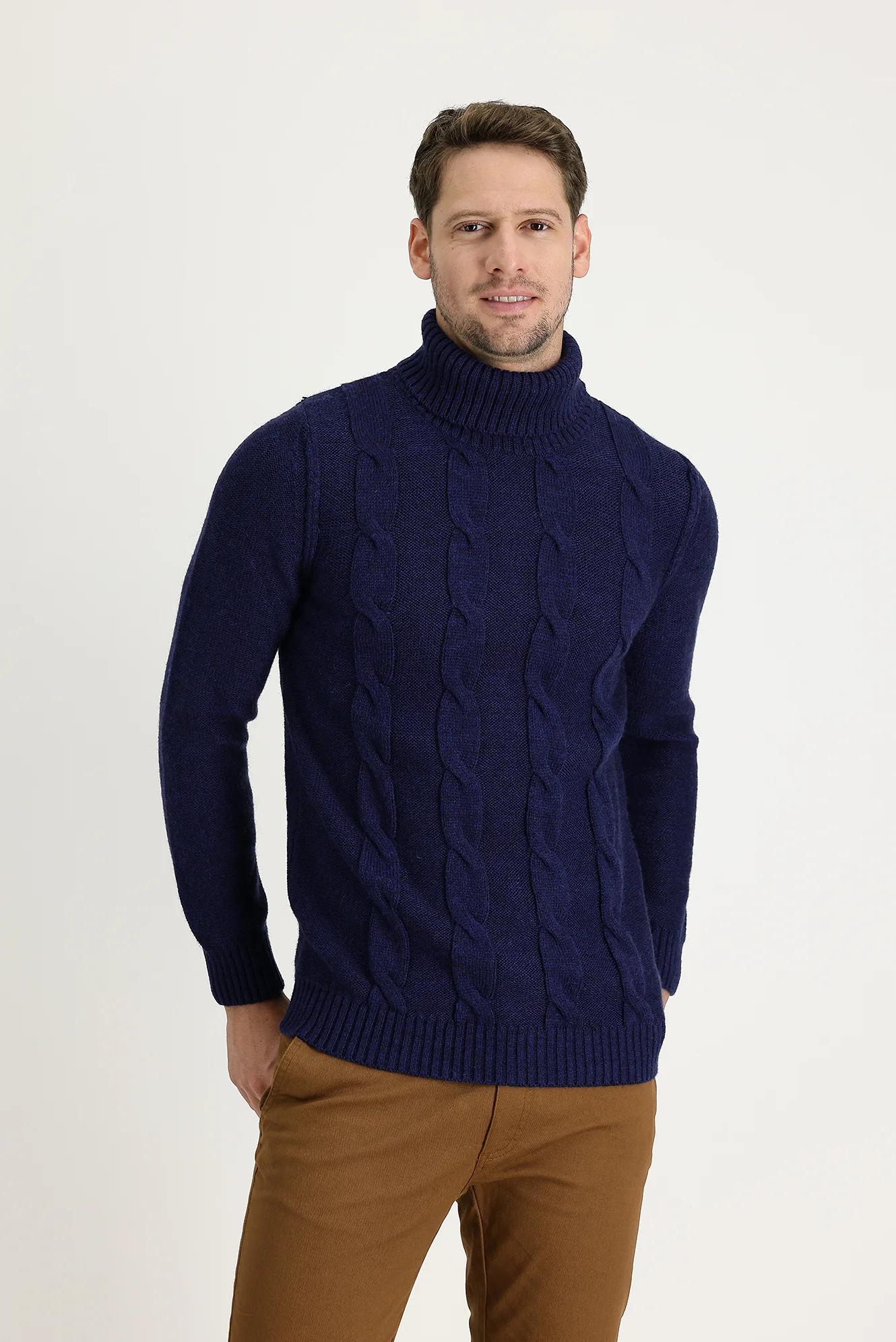 Havacı Mavi Balıkçı Yaka Slim Fit Dar Kesim Yünlü Desenli Triko Kazak - Image 2