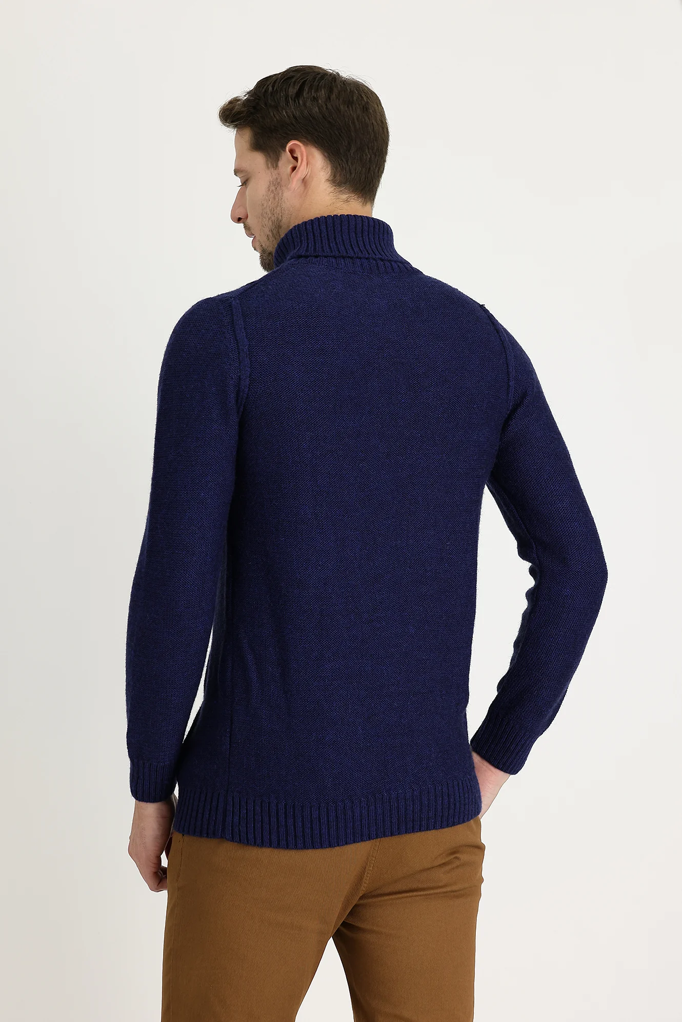 Havacı Mavi Balıkçı Yaka Slim Fit Dar Kesim Yünlü Desenli Triko Kazak - Image 3