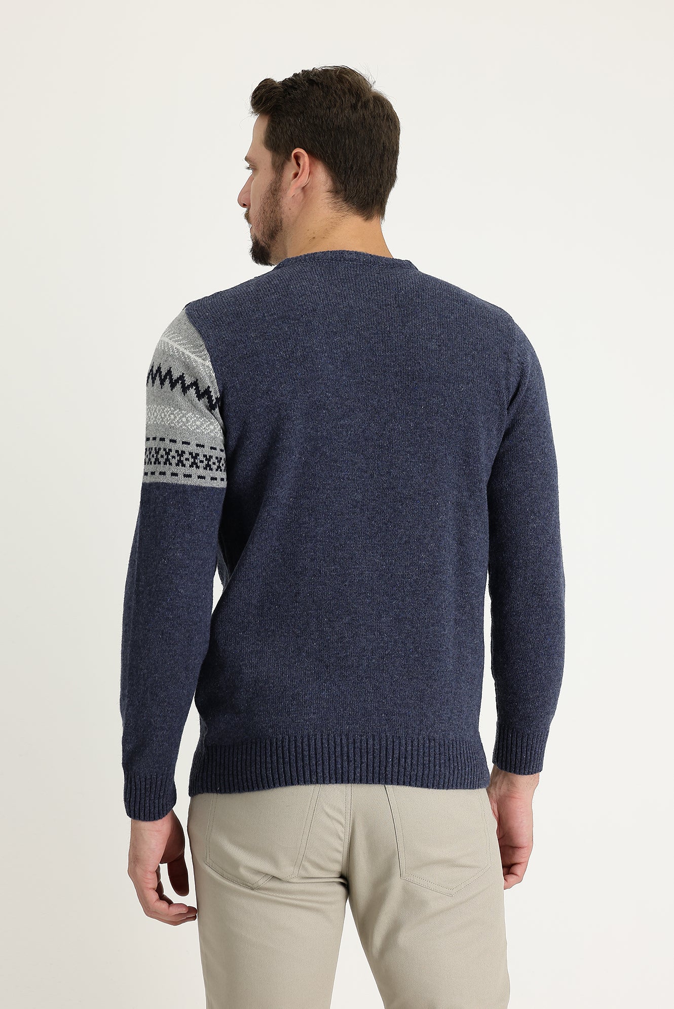 Havacı Mavi Bisiklet Yaka Slim Fit Desenli Yünlü Triko Kazak - Image 2