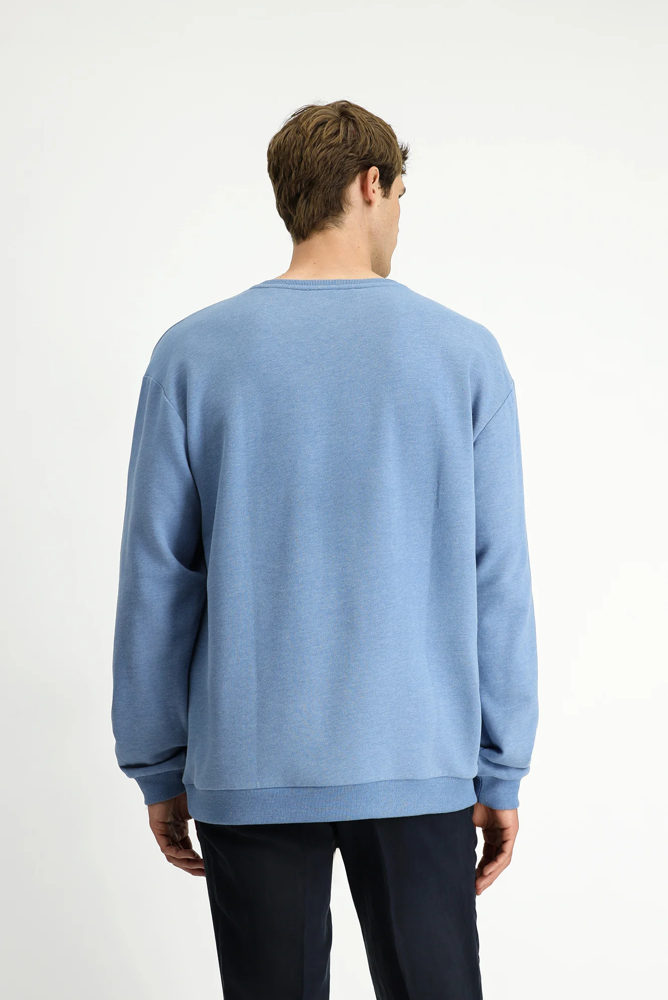 Havacı Mavi Bisiklet Yaka Regular Fit Pamuklu Basic Sweatshirt - Image 5